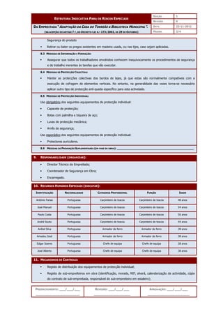 EDIÇÃO 1
ESTRUTURA INDICATIVA PARA OS RISCOS ESPECIAIS
REVISÃO 0
DATA 22-11-2011
DA EMPREITADA “ADAPTAÇÃO DA CASA DO TORREÃO A BIBLIOTECA MUNICIPAL”.
(NA ACEPÇÃO DO ARTIGO 7.º, DO DECRETO-LEI N.º 273/2003, DE 29 DE OUTUBRO) PÁGINA 3/4
PREENCHIMENTO: ___/___/___
_______________________
REVISÃO: ___/___/___
___________________
APROVAÇÃO: ___/___/___
______________________
Segurança do produto
 Retirar ou bater os pregos existentes em madeira usada, ou nas tijes, caso sejam aplicadas.
8.3 MEDIDAS DE INFORMAÇÃO E FORMAÇÃO:
 Assegurar que todos os trabalhadores envolvidos conhecem inequivocamente os procedimentos de segurança
e de trabalho inerentes às tarefas que vão executar.
8.4 MEDIDAS DE PROTECÇÃO COLECTIVA:
 Manter as protecções colectivas dos bordos de lajes, já que estas são normalmente compatíveis com a
execução de cofragem de elementos verticais. No entanto, na generalidade das vezes torna-se necessário
aplicar outro tipo de protecção anti-queda específico para esta actividade.
8.5 MEDIDAS DE PROTECÇÃO INDIVIDUAL:
Uso obrigatório dos seguintes equipamentos de protecção individual:
 Capacete de protecção;
 Botas com palmilha e biqueira de aço;
 Luvas de protecção mecânica;
 Arnês de segurança;
Uso esporádico dos seguintes equipamentos de protecção individual:
 Protectores auriculares.
8.6 MEDIDAS DE PREVENÇÃO SUPLEMENTARES (EM FASE DE OBRA): ______________________________________________
9. RESPONSABILIDADE (ORGANIZAR):
 Director Técnico da Empreitada;
 Coordenador de Segurança em Obra;
 Encarregado.
10. RECURSOS HUMANOS ESPECIAIS (EXECUTAR):
IDENTIFICAÇÃO NACIONALIDADE CATEGORIA PROFISSIONAL FUNÇÃO IDADE
António Farias Portuguesa Carpinteiro de toscos Carpinteiro de toscos 48 anos
José Manuel Portuguesa Carpinteiro de toscos Carpinteiro de toscos 54 anos
Paulo Costa Portuguesa Carpinteiro de toscos Carpinteiro de toscos 56 anos
André Souto Portuguesa Carpinteiro de toscos Carpinteiro de toscos 44 anos
Aníbal Silva Portuguesa Armador de ferro Armador de ferro 28 anos
Amadeu José Portuguesa Armador de ferro Armador de ferro 38 anos
Edgar Soares Portuguesa Chefe de equipa Chefe de equipa 28 anos
José Alberto Portuguesa Chefe de equipa Chefe de equipa 38 anos
11. MECANISMOS DE CONTROLO:
 Registo de distribuição dos equipamentos de protecção individual;
 Registo de sub-empreiteiros em obra (identificação, morada, NIF, alvará, calendarização da actividade, cópia
do contrato de sub-empreitada, responsável do sub-empreiteiro em estaleiro);
 