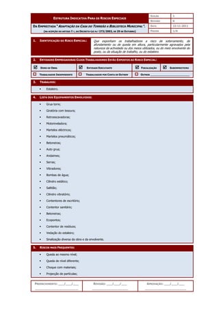 EDIÇÃO 1
ESTRUTURA INDICATIVA PARA OS RISCOS ESPECIAIS
REVISÃO 0
DATA 22-11-2011
DA EMPREITADA “ADAPTAÇÃO DA CASA DO TORREÃO A BIBLIOTECA MUNICIPAL”.
(NA ACEPÇÃO DO ARTIGO 7.º, DO DECRETO-LEI N.º 273/2003, DE 29 DE OUTUBRO) PÁGINA 1/6
PREENCHIMENTO: ___/___/___
_______________________
REVISÃO: ___/___/___
___________________
APROVAÇÃO: ___/___/___
______________________
1. IDENTIFICAÇÃO DO RISCO ESPECIAL:
2. ENTIDADES EMPREGADORAS CUJOS TRABALHADORES ESTÃO EXPOSTOS AO RISCO ESPECIAL:



 DONO DE OBRA 


 ENTIDADE EXECUTANTE 


 FISCALIZAÇÃO 


 SUBEMPREITEIRO
TRABALHADOR INDEPENDENTE TRABALHADOR POR CONTA DE OUTREM OUTROS ________________________
3. TRABALHOS:
 Estaleiro.
4. LISTA DOS EQUIPAMENTOS ENVOLVIDOS:
 Grua torre;
 Giratória com tesoura;
 Retroescavadoras;
 Motoniveladora;
 Martelos eléctricos;
 Martelos pneumáticos;
 Betoneiras;
 Auto grua;
 Andaimes;
 Serras;
 Vibradores;
 Bombas de água;
 Cilindro estático;
 Saltitão;
 Cilindro vibratório;
 Contentores de escritório;
 Contentor sanitário;
 Betoneiras;
 Ecopontos;
 Contentor de resíduos;
 Vedação do estaleiro;
 Sinalização diversa da obra e da envolvente.
5. RISCOS MAIS FREQUENTES:
 Queda ao mesmo nível;
 Queda de nível diferente;
 Choque com materiais;
 Projecção de partículas;
Que exponham os trabalhadores a risco de soterramento, de
afundamento ou de queda em altura, particularmente agravados pela
natureza da actividade ou dos meios utilizados, ou do meio envolvente do
posto, ou da situação de trabalho, ou do estaleiro.
 