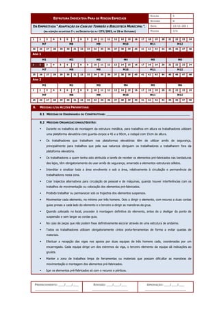 EDIÇÃO 1
ESTRUTURA INDICATIVA PARA OS RISCOS ESPECIAIS
REVISÃO 0
DATA 22-11-2011
DA EMPREITADA “ADAPTAÇÃO DA CASA DO TORREÃO A BIBLIOTECA MUNICIPAL”.
(NA ACEPÇÃO DO ARTIGO 7.º, DO DECRETO-LEI N.º 273/2003, DE 29 DE OUTUBRO) PÁGINA 2/4
PREENCHIMENTO: ___/___/___
_______________________
REVISÃO: ___/___/___
___________________
APROVAÇÃO: ___/___/___
______________________
1 2 3 4 5 6 7 8 9 10 11 12 13 14 15 16 17 18 19 20 21 22 23 24
M7 M8 M9 M10 M11 M12
25 26 27 28 29 30 31 32 33 34 35 36 37 38 39 40 41 42 43 44 45 46 47 48
Ano 1
M1 M2 M3 M4 M5 M6
1 2 3 4 5 6 7 8 9 10 11 12 13 14 15 16 17 18 19 20 21 22 23 24
M7 M8 M9 M10 M11 M12
25 26 27 28 29 30 31 32 33 34 35 36 37 38 39 40 41 42 43 44 45 46 47 48
Ano 2
M1 M2 M3 M4 M5 M6
1 2 3 4 5 6 7 8 9 10 11 12 13 14 15 16 17 18 19 20 21 22 23 24
M7 M8 M9 M10 M11 M12
25 26 27 28 29 30 31 32 33 34 35 36 37 38 39 40 41 42 43 44 45 46 47 48
8. MEDIDAS E/OU ACÇÕES PREVENTIVAS:
8.1 MEDIDAS DE ENGENHARIA OU CONSTRUTIVAS: ___________________________________________________
8.2 MEDIDAS ORGANIZACIONAIS/GESTÃO:
 Durante os trabalhos de montagem da estrutura metálica, para trabalhos em altura os trabalhadores utilizam
uma plataforma elevatória com guarda-corpos a 45 e a 90cm, e rodapé com 15cm de altura.
 Os trabalhadores que trabalham nas plataformas elevatórias têm de utilizar arnês de segurança,
principalmente para trabalhos que pela sua natureza obriguem os trabalhadores a trabalharem fora da
plataforma elevatória.
 Os trabalhadores a quem tenha sido atribuída a tarefa de receber os elementos pré-fabricados nas bordaduras
das lajes, têm obrigatoriamente de usar arnês de segurança, amarrado a elementos estruturais sólidos.
 Interditar e sinalizar toda a área envolvente e sob a área, relativamente à circulação e permanência de
trabalhadores nesta zona.
 Criar trajectos alternativos para circulação de pessoal e de máquinas, quando houver interferências com os
trabalhos de movimentação ou colocação dos elementos pré-fabricados.
 Proibido trabalhar ou permanecer sob os trajectos dos elementos suspensos.
 Movimentar cada elemento, no mínimo por três homens. Dois a dirigir o elemento, com recurso a duas cordas
guias presas a cada lado do elemento e o terceiro a dirigir as manobras da grua.
 Quando colocado no local, proceder à montagem definitiva do elemento, antes de o desligar do ponto de
suspensão e sem largar as cordas guia.
 No caso de peças que não podem fixas definitivamente escorar através de uma estrutura de andaime.
 Todos os trabalhadores utilizam obrigatoriamente cintos porta-ferramentas de forma a evitar quedas de
materiais.
 Efectuar a recepção das vigas nos apoios por duas equipas de três homens cada, coordenadas por um
encarregado. Cada equipa dirige um dos extremos da viga, o terceiro elemento da equipa dá indicações ao
gruísta.
 Manter a zona de trabalhos limpa de ferramentas ou materiais que possam dificultar as manobras de
movimentação e montagem dos elementos pré-fabricados.
 Içar os elementos pré-fabricados só com o recurso a pórticos.
 