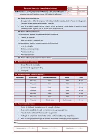 EDIÇÃO 1
ESTRUTURA INDICATIVA PARA OS RISCOS ESPECIAIS
REVISÃO 0
DATA 22-11-2011
DA EMPREITADA “ADAPTAÇÃO DA CASA DO TORREÃO A BIBLIOTECA MUNICIPAL”.
(NA ACEPÇÃO DO ARTIGO 7.º, DO DECRETO-LEI N.º 273/2003, DE 29 DE OUTUBRO) PÁGINA 4/5
PREENCHIMENTO: ___/___/___
_______________________
REVISÃO: ___/___/___
___________________
APROVAÇÃO: ___/___/___
______________________
8.4 MEDIDAS DE PROTECÇÃO COLECTIVA:
 Os equipamentos a utilizar devem possuir toda a documentação necessária, desde o Manual de Instruções (em
Português) até aos registos de manutenção / inspecção;
 Antes de se iniciar qualquer tipo de trabalho, garantir a protecção contra quedas em altura nos locais
«abertos» (coretes, negativos, vão de escada, caixas de elevadores, etc.).
8.5 MEDIDAS DE PROTECÇÃO INDIVIDUAL:
Uso obrigatório dos seguintes equipamentos de protecção individual:
 Capacete de protecção;
 Botas com palmilha e biqueira de aço;
Uso esporádico dos seguintes equipamentos de protecção individual:
 Luvas de protecção;
 Óculos ou viseira de protecção;
 Protectores auditivos;
 Máscara de protecção.
8.6 MEDIDAS DE PREVENÇÃO SUPLEMENTARES (EM FASE DE OBRA): ______________________________________________
9. RESPONSABILIDADE (ORGANIZAR):
 Director Técnico da Empreitada;
 Coordenador de Segurança em Obra;
 Encarregado.
10. RECURSOS HUMANOS ESPECIAIS (EXECUTAR):
IDENTIFICAÇÃO NACIONALIDADE CATEGORIA PROFISSIONAL FUNÇÃO IDADE
Portuguesa Pintor Pintor 48 anos
Portuguesa Pintor Pintor 54 anos
Portuguesa Pintor Pintor 56 anos
Portuguesa Pintor Pintor 44 anos
Portuguesa Pintor Pintor 28 anos
Portuguesa Pintor Pintor 38 anos
Portuguesa Chefe de equipa Chefe de equipa 34 anos
11. MECANISMOS DE CONTROLO:
 Registo de distribuição dos equipamentos de protecção individual;
 Comprovativo da acção de formação em manuseamento de produtos químicos.
 Fichas de Análise de Riscos Profissionais sobre Equipamentos.
 Verificação do cumprimento das instruções contidas nas Fichas de Segurança dos produtos.
 Plano de montagem e desmontagem de andaimes devidamente validado por pessoas responsável.
Obs.:__________________________________________________________________________________
 