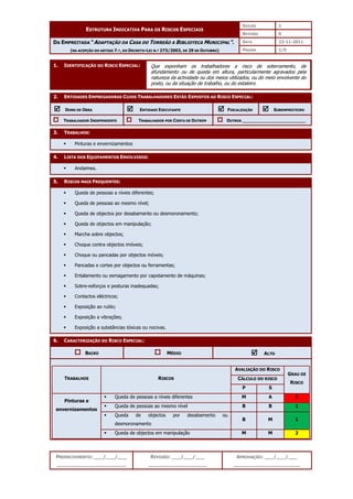 EDIÇÃO 1
ESTRUTURA INDICATIVA PARA OS RISCOS ESPECIAIS
REVISÃO 0
DATA 22-11-2011
DA EMPREITADA “ADAPTAÇÃO DA CASA DO TORREÃO A BIBLIOTECA MUNICIPAL”.
(NA ACEPÇÃO DO ARTIGO 7.º, DO DECRETO-LEI N.º 273/2003, DE 29 DE OUTUBRO) PÁGINA 1/5
PREENCHIMENTO: ___/___/___
_______________________
REVISÃO: ___/___/___
___________________
APROVAÇÃO: ___/___/___
______________________
1. IDENTIFICAÇÃO DO RISCO ESPECIAL:
2. ENTIDADES EMPREGADORAS CUJOS TRABALHADORES ESTÃO EXPOSTOS AO RISCO ESPECIAL:



 DONO DE OBRA 


 ENTIDADE EXECUTANTE 


 FISCALIZAÇÃO 


 SUBEMPREITEIRO
TRABALHADOR INDEPENDENTE TRABALHADOR POR CONTA DE OUTREM OUTROS ________________________
3. TRABALHOS:
 Pinturas e envernizamentos
4. LISTA DOS EQUIPAMENTOS ENVOLVIDOS:
 Andaimes.
5. RISCOS MAIS FREQUENTES:
 Queda de pessoas a níveis diferentes;
 Queda de pessoas ao mesmo nível;
 Queda de objectos por desabamento ou desmoronamento;
 Queda de objectos em manipulação;
 Marcha sobre objectos;
 Choque contra objectos imóveis;
 Choque ou pancadas por objectos móveis;
 Pancadas e cortes por objectos ou ferramentas;
 Entalamento ou esmagamento por capotamento de máquinas;
 Sobre-esforços e posturas inadequadas;
 Contactos eléctricos;
 Exposição ao ruído;
 Exposição a vibrações;
 Exposição a substâncias tóxicas ou nocivas.
6. CARACTERIZAÇÃO DO RISCO ESPECIAL:
BAIXO MÉDIO 


 ALTO
AVALIAÇÃO DO RISCO
CÁLCULO DO RISCO
TRABALHOS RISCOS
P S
GRAU DE
RISCO
 Queda de pessoas a níveis diferentes M A 3
 Queda de pessoas ao mesmo nível B B 1
 Queda de objectos por desabamento ou
desmoronamento
B M 1
Pinturas e
envernizamentos
 Queda de objectos em manipulação M M 2
Que exponham os trabalhadores a risco de soterramento, de
afundamento ou de queda em altura, particularmente agravados pela
natureza da actividade ou dos meios utilizados, ou do meio envolvente do
posto, ou da situação de trabalho, ou do estaleiro.
 