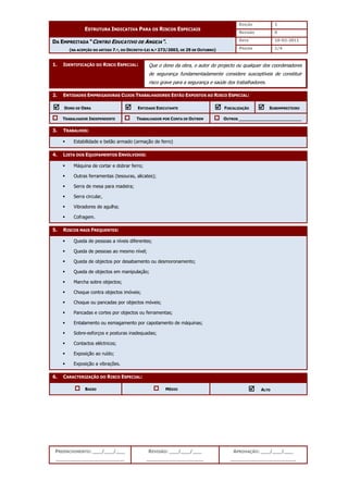 EDIÇÃO 1
ESTRUTURA INDICATIVA PARA OS RISCOS ESPECIAIS
REVISÃO 0
DATA 10-02-2011
DA EMPREITADA “CENTRO EDUCATIVO DE ANGEJA”.
(NA ACEPÇÃO DO ARTIGO 7.º, DO DECRETO-LEI N.º 273/2003, DE 29 DE OUTUBRO) PÁGINA 1/4
PREENCHIMENTO: ___/___/___
_______________________
REVISÃO: ___/___/___
___________________
APROVAÇÃO: ___/___/___
______________________
1. IDENTIFICAÇÃO DO RISCO ESPECIAL:
2. ENTIDADES EMPREGADORAS CUJOS TRABALHADORES ESTÃO EXPOSTOS AO RISCO ESPECIAL:



 DONO DE OBRA 


 ENTIDADE EXECUTANTE 


 FISCALIZAÇÃO 


 SUBEMPREITEIRO
TRABALHADOR INDEPENDENTE TRABALHADOR POR CONTA DE OUTREM OUTROS ________________________
3. TRABALHOS:
 Estabilidade e betão armado (armação de ferro)
4. LISTA DOS EQUIPAMENTOS ENVOLVIDOS:
 Máquina de cortar e dobrar ferro;
 Outras ferramentas (tesouras, alicates);
 Serra de mesa para madeira;
 Serra circular,
 Vibradores de agulha;
 Cofragem.
5. RISCOS MAIS FREQUENTES:
 Queda de pessoas a níveis diferentes;
 Queda de pessoas ao mesmo nível;
 Queda de objectos por desabamento ou desmoronamento;
 Queda de objectos em manipulação;
 Marcha sobre objectos;
 Choque contra objectos imóveis;
 Choque ou pancadas por objectos móveis;
 Pancadas e cortes por objectos ou ferramentas;
 Entalamento ou esmagamento por capotamento de máquinas;
 Sobre-esforços e posturas inadequadas;
 Contactos eléctricos;
 Exposição ao ruído;
 Exposição a vibrações.
6. CARACTERIZAÇÃO DO RISCO ESPECIAL:
BAIXO MÉDIO 


 ALTO
Que o dono da obra, o autor do projecto ou qualquer dos coordenadores
de segurança fundamentadamente considere susceptíveis de constituir
risco grave para a segurança e saúde dos trabalhadores.
 
