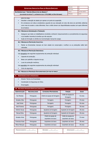 EDIÇÃO 1
ESTRUTURA INDICATIVA PARA OS RISCOS ESPECIAIS
REVISÃO 0
DATA 10-02-2011
DA EMPREITADA “CENTRO EDUCATIVO DE ANGEJA”.
(NA ACEPÇÃO DO ARTIGO 7.º, DO DECRETO-LEI N.º 273/2003, DE 29 DE OUTUBRO) PÁGINA 3/4
PREENCHIMENTO: ___/___/___
_______________________
REVISÃO: ___/___/___
___________________
APROVAÇÃO: ___/___/___
______________________
peso da carga.
 Interditar a elevação de atados por apenas um ponto de suspensão.
 Em armaduras com altura considerável, aquando da sua colocação em obra não deve ser permitido utilizá-las
como meio de aceder a cotas diferentes. Para o efeito devem ser disponibilizadas escadas com apoio diferente
da armadura.
8.3 MEDIDAS DE INFORMAÇÃO E FORMAÇÃO:
 Assegurar que todos os trabalhadores envolvidos conhecem inequivocamente os procedimentos de segurança
e de trabalho inerentes às tarefas que vão executar.
 Acção de formação no âmbito da movimentação manual de cargas.
8.4 MEDIDAS DE PROTECÇÃO COLECTIVA:
 Manter as ferramentas manuais em bom estado de conservação e verificar se as protecções estão bem
colocadas.
8.5 MEDIDAS DE PROTECÇÃO INDIVIDUAL:
Uso obrigatório dos seguintes equipamentos de protecção individual:
 Capacete de protecção;
 Botas com palmilha e biqueira de aço;
 Luvas de protecção mecânica;
Uso esporádico dos seguintes equipamentos de protecção individual:
 Cinto de segurança.
8.6 MEDIDAS DE PREVENÇÃO SUPLEMENTARES (EM FASE DE OBRA): __________________________________
9. RESPONSABILIDADE (ORGANIZAR):
 Director Técnico da Empreitada;
 Coordenador de Segurança em Obra;
 Encarregado.
10. RECURSOS HUMANOS ESPECIAIS (EXECUTAR):
IDENTIFICAÇÃO NACIONALIDADE CATEGORIA PROFISSIONAL FUNÇÃO IDADE
Rui Mendes Portuguesa Chefe de equipa de ferrageiro
Chefe de equipa de
ferrageiro
52 anos
Amadeu Silva Portuguesa Ferrageiro Ferrageiro 44 anos
José Farias Portuguesa Ferrageiro Ferrageiro 46 anos
José Fonseca Portuguesa Ferrageiro Ferrageiro 39 anos
António Sousa Portuguesa Ajudante de ferrageiro Ajudante de ferrageiro 28 anos
Manuel Silva Portuguesa Ajudante de ferrageiro Ajudante de ferrageiro 38 anos
Amadeu Aires Portuguesa
Chefe de equipa de
carpinteiro de tosco
Chefe de equipa de
carpinteiro de tosco
53 anos
Francisco Ruas Portuguesa Carpinteiro de tosco Carpinteiro de tosco 38 anos
Flávio Marques Portuguesa Carpinteiro de tosco Carpinteiro de tosco 39 anos
 