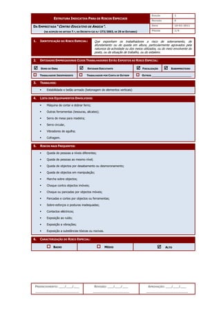 EDIÇÃO 1
ESTRUTURA INDICATIVA PARA OS RISCOS ESPECIAIS
REVISÃO 0
DATA 10-02-2011
DA EMPREITADA “CENTRO EDUCATIVO DE ANGEJA”.
(NA ACEPÇÃO DO ARTIGO 7.º, DO DECRETO-LEI N.º 273/2003, DE 29 DE OUTUBRO) PÁGINA 1/4
PREENCHIMENTO: ___/___/___
_______________________
REVISÃO: ___/___/___
___________________
APROVAÇÃO: ___/___/___
______________________
1. IDENTIFICAÇÃO DO RISCO ESPECIAL:
2. ENTIDADES EMPREGADORAS CUJOS TRABALHADORES ESTÃO EXPOSTOS AO RISCO ESPECIAL:



 DONO DE OBRA 


 ENTIDADE EXECUTANTE 


 FISCALIZAÇÃO 


 SUBEMPREITEIRO
TRABALHADOR INDEPENDENTE TRABALHADOR POR CONTA DE OUTREM OUTROS ________________________
3. TRABALHOS:
 Estabilidade e betão armado (betonagem de elementos verticais)
4. LISTA DOS EQUIPAMENTOS ENVOLVIDOS:
 Máquina de cortar e dobrar ferro;
 Outras ferramentas (tesouras, alicates);
 Serra de mesa para madeira;
 Serra circular,
 Vibradores de agulha;
 Cofragem.
5. RISCOS MAIS FREQUENTES:
 Queda de pessoas a níveis diferentes;
 Queda de pessoas ao mesmo nível;
 Queda de objectos por desabamento ou desmoronamento;
 Queda de objectos em manipulação;
 Marcha sobre objectos;
 Choque contra objectos imóveis;
 Choque ou pancadas por objectos móveis;
 Pancadas e cortes por objectos ou ferramentas;
 Sobre-esforços e posturas inadequadas;
 Contactos eléctricos;
 Exposição ao ruído;
 Exposição a vibrações;
 Exposição a substâncias tóxicas ou nocivas.
6. CARACTERIZAÇÃO DO RISCO ESPECIAL:
BAIXO MÉDIO 


 ALTO
Que exponham os trabalhadores a risco de soterramento, de
afundamento ou de queda em altura, particularmente agravados pela
natureza da actividade ou dos meios utilizados, ou do meio envolvente do
posto, ou da situação de trabalho, ou do estaleiro.
 