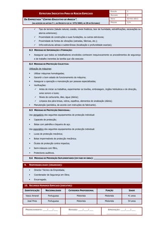 EDIÇÃO 1
ESTRUTURA INDICATIVA PARA OS RISCOS ESPECIAIS
REVISÃO 0
DATA 03-02-2011
DA EMPREITADA “CENTRO EDUCATIVO DE ANGEJA”.
(NA ACEPÇÃO DO ARTIGO 7.º, DO DECRETO-LEI N.º 273/2003, DE 29 DE OUTUBRO) PÁGINA 3/4
PREENCHIMENTO: ___/___/___
_______________________
REVISÃO: ___/___/___
___________________
APROVAÇÃO: ___/___/___
______________________
 Tipo de terreno (talude natural, coesão, níveis freáticos, teor de humidade, estratificações, escavações ou
aterros anteriores);
 Proximidade de construções e suas fundações, ou outras estruturas;
 Proximidade de fontes de vibrações (estradas, fábricas, etc.);
 Infra-estruturas aéreas e subterrâneas (localização e profundidade exactas);
8.3 MEDIDAS DE INFORMAÇÃO E FORMAÇÃO:
 Assegurar que todos os trabalhadores envolvidos conhecem inequivocamente os procedimentos de segurança
e de trabalho inerentes às tarefas que vão executar.
8.4 MEDIDAS DE PROTECÇÃO COLECTIVA:
Utilização de máquinas:
 Utilizar máquinas homologadas;
 Garantir o bom estado de funcionamento da máquina;
 Assegurar a operação e manutenção por pessoas especializadas;
 Verificações:
 Antes de iniciar os trabalhos, experimentar os travões, embraiagem, órgãos hidráulicos e de direcção,
aviso sonoro e luzes;
 Níveis de carburante, óleo, água (diária);
 Limpeza dos pára-brisas, vidros, espelhos, elementos de sinalização (diária);
 Manutenção (periódica, de acordo com instruções do fabricante).
8.5 MEDIDAS DE PROTECÇÃO INDIVIDUAL:
Uso obrigatório dos seguintes equipamentos de protecção individual:
 Capacete de protecção;
 Botas com palmilha e biqueira de aço.
Uso esporádico dos seguintes equipamentos de protecção individual:
 Luvas de protecção mecânica;
 Botas impermeáveis de protecção mecânica;
 Óculos de protecção contra impactos;
 Semi-máscara com filtro,
 Protectores auditivos.
8.6 MEDIDAS DE PREVENÇÃO SUPLEMENTARES (EM FASE DE OBRA): __________________________________
9. RESPONSABILIDADE (ORGANIZAR):
 Director Técnico da Empreitada;
 Coordenador de Segurança em Obra;
 Encarregado.
10. RECURSOS HUMANOS ESPECIAIS (EXECUTAR):
IDENTIFICAÇÃO NACIONALIDADE CATEGORIA PROFISSIONAL FUNÇÃO IDADE
Vasco Amaral Portuguesa Motorista Motorista 41 anos
José Pires Portuguesa Motorista Motorista 54 anos
 