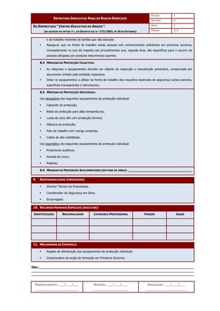 EDIÇÃO 1
ESTRUTURA INDICATIVA PARA OS RISCOS ESPECIAIS
REVISÃO 0
DATA 1
DA EMPREITADA “CENTRO EDUCATIVO DE ANGEJA”.
(NA ACEPÇÃO DO ARTIGO 7.º, DO DECRETO-LEI N.º 273/2003, DE 29 DE OUTUBRO) PÁGINA 3/3
PREENCHIMENTO: ___/___/___
_______________________
REVISÃO: ___/___/___
___________________
APROVAÇÃO: ___/___/___
______________________
e de trabalho inerentes às tarefas que vão executar.
 Assegurar que na frente de trabalho exista pessoal com conhecimentos suficientes em primeiros socorros,
nomeadamente no que diz respeito aos procedimentos que, naquela área, são específicos para o socorro de
pessoas atingidas por produtos betuminosos quentes.
8.4 MEDIDAS DE PROTECÇÃO COLECTIVA:
 As máquinas e equipamentos deverão ser objecto de inspecção e manutenção preventiva, comprovada por
documento emitido pela entidade inspectora.
 Dotar os equipamentos a utilizar na frente de trabalho dos requisitos essenciais de segurança (avisos sonoros,
superfícies transparentes e retrovisores).
8.5 MEDIDAS DE PROTECÇÃO INDIVIDUAL:
Uso obrigatório dos seguintes equipamentos de protecção individual:
 Capacete de protecção;
 Botas de protecção para altas temperaturas;
 Luvas de cano alto com protecção térmica;
 Máscara de protecção;
 Fato de trabalho com manga comprida;
 Colete de alta visibilidade.
Uso esporádico dos seguintes equipamentos de protecção individual:
 Protectores auditivos;
 Avental de couro;
 Polainas.
8.6 MEDIDAS DE PREVENÇÃO SUPLEMENTARES (EM FASE DE OBRA): __________________________________
9. RESPONSABILIDADE (ORGANIZAR):
 Director Técnico da Empreitada;
 Coordenador de Segurança em Obra;
 Encarregado.
10. RECURSOS HUMANOS ESPECIAIS (EXECUTAR):
IDENTIFICAÇÃO NACIONALIDADE CATEGORIA PROFISSIONAL FUNÇÃO IDADE
11. MECANISMOS DE CONTROLO:
 Registo de distribuição dos equipamentos de protecção individual;
 Comprovativo da acção de formação em Primeiros Socorros.
Obs.:__________________________________________________________________________________
______________________________________________________________________________________
______________________________________________________________________________________
 