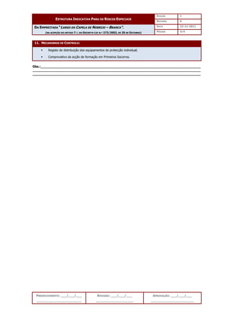 EDIÇÃO 1
ESTRUTURA INDICATIVA PARA OS RISCOS ESPECIAIS
REVISÃO 0
DATA 22-11-2011
DA EMPREITADA “LARGO DA CAPELA DE NOBRIJO – BRANCA”.
(NA ACEPÇÃO DO ARTIGO 7.º, DO DECRETO-LEI N.º 273/2003, DE 29 DE OUTUBRO) PÁGINA 4/4
PREENCHIMENTO: ___/___/___
_______________________
REVISÃO: ___/___/___
___________________
APROVAÇÃO: ___/___/___
______________________
11. MECANISMOS DE CONTROLO:
 Registo de distribuição dos equipamentos de protecção individual;
 Comprovativo da acção de formação em Primeiros Socorros.
Obs.:__________________________________________________________________________________
______________________________________________________________________________________
______________________________________________________________________________________
 