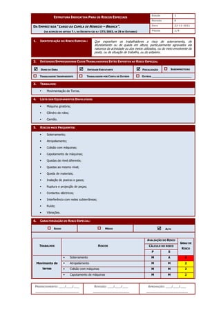 EDIÇÃO 1
ESTRUTURA INDICATIVA PARA OS RISCOS ESPECIAIS
REVISÃO 0
DATA 22-11-2011
DA EMPREITADA “LARGO DA CAPELA DE NOBRIJO – BRANCA”.
(NA ACEPÇÃO DO ARTIGO 7.º, DO DECRETO-LEI N.º 273/2003, DE 29 DE OUTUBRO) PÁGINA 1/4
PREENCHIMENTO: ___/___/___
_______________________
REVISÃO: ___/___/___
___________________
APROVAÇÃO: ___/___/___
______________________
1. IDENTIFICAÇÃO DO RISCO ESPECIAL:
2. ENTIDADES EMPREGADORAS CUJOS TRABALHADORES ESTÃO EXPOSTOS AO RISCO ESPECIAL:



 DONO DE OBRA 


 ENTIDADE EXECUTANTE 


 FISCALIZAÇÃO SUBEMPREITEIRO
TRABALHADOR INDEPENDENTE TRABALHADOR POR CONTA DE OUTREM OUTROS ________________________
3. TRABALHOS:
 Movimentação de Terras.
4. LISTA DOS EQUIPAMENTOS ENVOLVIDOS:
 Máquina giratória;
 Cilindro de rolos;
 Camião.
5. RISCOS MAIS FREQUENTES:
 Soterramento;
 Atropelamento;
 Colisão com máquinas;
 Capotamento de máquinas;
 Quedas de nível diferente;
 Quedas ao mesmo nível;
 Queda de materiais;
 Inalação de poeiras e gases;
 Ruptura e projecção de peças;
 Contactos eléctricos;
 Interferência com redes subterrâneas;
 Ruído;
 Vibrações.
6. CARACTERIZAÇÃO DO RISCO ESPECIAL:
BAIXO MÉDIO 


 ALTO
AVALIAÇÃO DO RISCO
CÁLCULO DO RISCO
TRABALHOS RISCOS
P S
GRAU DE
RISCO
 Soterramento M A 3
 Atropelamento M M 2
 Colisão com máquinas M M 2
Movimento de
terras
 Capotamento de máquinas M M 2
Que exponham os trabalhadores a risco de soterramento, de
afundamento ou de queda em altura, particularmente agravados ela
natureza da actividade ou dos meios utilizados, ou do meio envolvente do
posto, ou da situação de trabalho, ou do estaleiro.
 