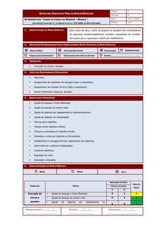 EDIÇÃO 1
ESTRUTURA INDICATIVA PARA OS RISCOS ESPECIAIS
REVISÃO 0
DATA 22-11-2011
DA EMPREITADA “LARGO DA CAPELA DE NOBRIJO – BRANCA”.
(NA ACEPÇÃO DO ARTIGO 7.º, DO DECRETO-LEI N.º 273/2003, DE 29 DE OUTUBRO) PÁGINA 1/3
PREENCHIMENTO: ___/___/___
_______________________
REVISÃO: ___/___/___
___________________
APROVAÇÃO: ___/___/___
______________________
1. IDENTIFICAÇÃO DO RISCO ESPECIAL:
2. ENTIDADES EMPREGADORAS CUJOS TRABALHADORES ESTÃO EXPOSTOS AO RISCO ESPECIAL:



 DONO DE OBRA 


 ENTIDADE EXECUTANTE 


 FISCALIZAÇÃO SUBEMPREITEIRO
TRABALHADOR INDEPENDENTE TRABALHADOR POR CONTA DE OUTREM OUTROS ________________________
3. TRABALHOS:
 Execução de muros e escadas.
4. LISTA DOS EQUIPAMENTOS ENVOLVIDOS:
 Betoneira;
 Equipamento de carpinteiro de cofragem (todo o necessário);
 Equipamento de armador de ferro (todo o necessário);
 Outras ferramentas (tesouras, alicates).
5. RISCOS MAIS FREQUENTES:
 Queda de pessoas a níveis diferentes;
 Queda de pessoas ao mesmo nível;
 Queda de objectos por desabamento ou desmoronamento;
 Queda de objectos em manipulação;
 Marcha sobre objectos;
 Choque contra objectos imóveis;
 Choque ou pancadas por objectos móveis;
 Pancadas e cortes por objectos ou ferramentas;
 Entalamento ou esmagamento por capotamento de máquinas;
 Sobre-esforços e posturas inadequadas;
 Contactos eléctricos;
 Exposição ao ruído;
 Exposição a vibrações.
6. CARACTERIZAÇÃO DO RISCO ESPECIAL:
BAIXO MÉDIO 


 ALTO
AVALIAÇÃO DO RISCO
CÁLCULO DO RISCO
TRABALHOS RISCOS
P S
GRAU DE
RISCO
 Queda de pessoas a níveis diferentes B A 2
 Queda de pessoas ao mesmo nível M B 1
Execução de
muros e
escadas  Queda de objectos por desabamento ou
B M 1
Que o dono da obra, o autor do projecto ou qualquer dos coordenadores
de segurança fundamentadamente considere susceptíveis de constituir
risco grave para a segurança e saúde dos trabalhadores.
 