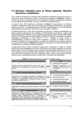 37
4.2 Estrutura Indicativa para os Riscos Especiais: Memória
Descritiva e Justificativa
Com o intuito de concepção de uma EIRE, foram necessárias 6 versões até conseguir-se alcançar a
versão final, sendo que todas as versões encontram-se apresentadas no Anexo B, e tendo as
mesmas sido alvo de reestruturações com a sua aplicação e validação dos respectivos conteúdos
em empreitadas de obras públicas, cujo DO é o Município de Albergaria-a-Velha.
A versão final da EIRE encontra-se patenteada no Anexo C, descrevendo-se na Memória
Descritiva e Justificativa da EIRE, cada um dos elementos que foram considerados na realização da
Proposta da mesma. A importância (natureza, dimensão, complexidade), bem como as principais
características de cada elemento determinará o grau de detalhe a considerar.
A entidade patronal tem o dever geral de assegurar a segurança e a saúde dos trabalhadores em
todos os aspectos relacionados com o trabalho. A Directiva Quadro da UE destaca o papel crucial
desempenhado pela avaliação de riscos e estabelece disposições de base a observar pela entidade
patronal. Em tal âmbito, aquando da elaboração da EIRE foram tidos em consideração os princípios
orientadores estabelecidos na Ficha Técnica n.º 80 – Avaliação de riscos: funções e
responsabilidades, da Agência Europeia para a Segurança e a Saúde no Trabalho no que ao
processo de avaliação de riscos diz respeito e que podem ser divididos em cinco etapas, conforme
se encontra descriminado na Tabela 6, apresentando-se igualmente a correspondente ligação com
os elementos que constituem a versão final da EIRE.
A eleição pelas Fichas Técnicas da Agência Europeia para a Segurança e a Saúde no Trabalho
fundamenta-se pela idoneidade da fonte bem como pelo facto de estarem disponíveis em todas as
línguas oficiais da UE. Não obstante, muitas centram-se em preocupações específicas com a SST,
ou em sectores e grupos de trabalhadores específicos. Indicam de forma clara, concisa e precisa,
numa única folha, os principais riscos para a segurança e para a saúde, o que pode ser feito para
evitá-los, quem é responsável por lidar com esses riscos e onde obter mais informações.
Tabela 6 – Princípios orientadores no processo de avaliação de riscos.
ETAPA 1 — IDENTIFICAÇÃO DOS PERIGOS E DAS PESSOAS EM RISCO EIRE
Análise dos aspectos do trabalho que podem causar danos e
identificação dos trabalhadores que podem estar expostos ao
perigo.
1. Identificação do Risco Especial
2. Entidades Empregadoras Cujos
Trabalhadores Estão Expostos ao
Risco Especial
3. Trabalhos
ETAPA 2 — AVALIAÇÃO E PRIORIZAÇÃO DOS RISCOS
Apreciação dos riscos existentes (gravidade e probabilidade dos
mesmos, etc.) e classificação desses riscos por ordem de
importância. É essencial definir a prioridade do trabalho a realizar
para eliminar ou evitar os riscos.
4. Lista dos Equipamentos Envolvidos
5. Riscos mais Frequentes
6. Caracterização do Risco Especial
7. Fuso Cronológico (Previsto)
ETAPA 3 — DECISÃO SOBRE MEDIDAS PREVENTIVAS
Identificação das medidas adequadas de eliminação ou controlo dos
riscos.
8. Medidas e/ou Acções Preventivas
ETAPA 4 — ADOPÇÃO DE MEDIDAS
Aplicação das medidas preventivas e de protecção, através da
elaboração de um plano de prioridades (provavelmente não será
possível resolver imediatamente todos os problemas) e
especificando a quem compete fazer o quê e quando, prazos de
execução das tarefas e meios afectados à aplicação das medidas.
9. Responsabilidade (Organizar)
10. Recursos Humanos Especiais
(Executar)
Fonte: (Agência Europeia para a Segurança e a Saúde no Trabalho, 2004).
 