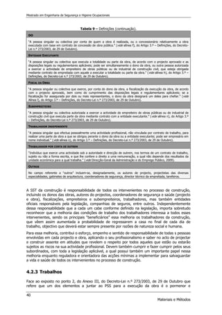 Mestrado em Engenharia de Segurança e Higiene Ocupacionais
40
Materiais e Métodos
Tabela 9 – Definições (continuação).
DO
“A pessoa singular ou colectiva por conta de quem a obra é realizada, ou o concessionário relativamente a obra
executada com base em contrato de concessão de obra pública.” (vide alínea f), do Artigo 3.º – Definições, do Decreto-
Lei n.º 273/2003, de 29 de Outubro).
ENTIDADE EXECUTANTE
“A pessoa singular ou colectiva que executa a totalidade ou parte da obra, de acordo com o projecto aprovado e as
disposições legais ou regulamentares aplicáveis; pode ser simultaneamente o dono da obra, ou outra pessoa autorizada
a exercer a actividade de empreiteiro de obras públicas ou de industrial de construção civil, que esteja obrigada
mediante contrato de empreitada com aquele a executar a totalidade ou parte da obra.” (vide alínea h), do Artigo 3.º –
Definições, do Decreto-Lei n.º 273/2003, de 29 de Outubro).
FISCAL DA OBRA
“A pessoa singular ou colectiva que exerce, por conta do dono da obra, a fiscalização da execução da obra, de acordo
com o projecto aprovado, bem como do cumprimento das disposições legais e regulamentares aplicáveis; se a
fiscalização for assegurada por dois ou mais representantes, o dono da obra designará um deles para chefiar.” (vide
Alínea l), do Artigo 3.º – Definições, do Decreto-Lei n.º 273/2003, de 29 de Outubro).
SUBEMPREITEIRO
“A pessoa singular ou colectiva autorizada a exercer a actividade de empreiteiro de obras públicas ou de industrial de
construção civil que executa parte da obra mediante contrato com a entidade executante.” (vide alínea n), do Artigo 3.º
– Definições, do Decreto-Lei n.º 273/2003, de 29 de Outubro).
TRABALHADOR INDEPENDENTE
“A pessoa singular que efectua pessoalmente uma actividade profissional, não vinculada por contrato de trabalho, para
realizar uma parte da obra a que se obrigou perante o dono da obra ou a entidade executante; pode ser empresário em
nome individual.” (vide alínea o), do Artigo 3.º – Definições, do Decreto-Lei n.º 273/2003, de 29 de Outubro).
TRABALHADOR POR CONTA DE OUTREM
“Indivíduo que exerce uma actividade sob a autoridade e direcção de outrem, nos termos de um contrato de trabalho,
sujeito ou não a forma escrita, e que lhe confere o direito a uma remuneração, a qual não depende dos resultados da
unidade económica para a qual trabalha.” (vide Direcção-Geral da Administração e do Emprego Público, 2009).
OUTROS
No campo referente a “outros” incluem-se, designadamente, os autores de projecto, projectistas das diversas
especialidades, gabinetes de arquitectura, coordenadores de segurança, director técnico da empreitada, tarefeiros.
A SST da construção é responsabilidade de todos os intervenientes no processo de construção,
incluindo os donos das obras, autores do projectos, coordenadores de segurança e saúde (projecto
e obra), fiscalizações, empreiteiros e subempreiteiros, trabalhadores, mas também entidades
oficiais responsáveis pela legislação, companhias de seguros, entre outros. Independentemente
dessa responsabilidade que a cada um cabe conforme definido na legislação, importa sobretudo
reconhecer que a melhoria das condições de trabalho dos trabalhadores interessa a todos esses
intervenientes, sendo os principais “beneficiários” essa melhoria os trabalhadores da construção,
que vêem assim aumentada a probabilidade de regressarem a casa no final de cada dia de
trabalho, objectivo que deverá estar sempre presente por razões de natureza social e humana.
Para essa melhoria, contribui o esforço, empenho e sentido de responsabilidade de todas s pessoas
envolvidas em cada projecto e obra, aplicando o seu profissionalismo e saber no acto de projectar
e construir assente em atitudes que revelem o respeito por todos aqueles que estão ou estarão
sujeitos as riscos na sua actividade profissional. Devem também cumprir e fazer cumprir pelos seus
subordinados, com toda a legislação aplicável, a qual possui também um importante papel nessa
melhoria enquanto reguladora e orientadora das acções mínimas a implementar para salvaguardar
a vida e saúde de todos os intervenientes no processo de construção.
4.2.3 Trabalhos
Face ao exposto no ponto 2, do Anexo III, do Decreto-Lei n.º 273/2003, de 29 de Outubro que
refere que um dos elementos a juntar ao PSS para a execução da obra é o pormenor e
 