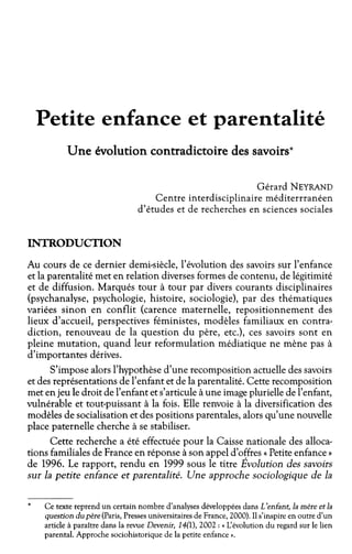 Petite enfance et parentalité, Gérard Neyrand