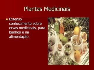 Plantas Medicinais
 Extenso
conhecimento sobre
ervas medicinais, para
banhos e na
alimentação.
 