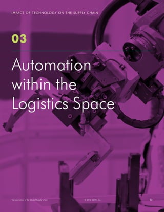 16© 2016 CBRE, Inc.Transformation of the Global Supply Chain
IMPACT OF TECHNOLOGY ON THE SUPPLY CHAIN
03
Automation
within the
Logistics Space
 