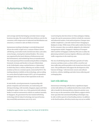 7© 2016 CBRE, Inc.Transformation of the Global Supply Chain
Autonomous Vehicles
and coverage and thereby bringing currently-remote storage
locations into play. The result will be lower delivery costs for the
consumer; with compression in industrial and distribution cost
structures, e-commerce sales are likely to increase.
Autonomous trucking technology is currently being tested
all over the world. In April 2016, a caravan of about a dozen
self-driving, semi-trailer trucks traveled more than 2,000 miles
across Europe, crossing four national borders. The convoy
was organized by the Dutch Ministry of Infrastructure and
the Environment, and included rigs from six manufacturers.
The trucks journeyed from manufacturing facilities in Belgium,
Denmark, Germany and Sweden to the port of Rotterdam
in the Netherlands, using a method known as “platooning,”
in which they form a column, following one another closely
(at about 30 feet) at a constant speed, connected by Wi-Fi. The
trucking industry is bullish on this technology, and according
to a survey done by Eyefortransport (EFT), 59% of respondents
anticipate driver-less trucks in their operations in the next
9 years.2
In Asia Pacific, several governments, in partnership with
private companies and universities, are road testing self-
driving technology, with Australia, Singapore, Japan and China
leading the region. In late 2015, Volvo partnered with industry
bodies to road-test autonomous vehicles in southern Australia.
In Singapore, the government has fast-tracked self-driving
technology with the help of technology start-up nuTonomy;
they tested fully autonomous taxis in Q2 2016.
Local testing has also been done in China and Japan, helping
to pave the way for autonomous vehicles in both the consumer
and industrial markets. Ford and local partner Changan Auto-
mobile completed a 1,200 mile road test from Chongqing to
Beijing in six days. While many of these pilot studies have been
for the consumer, they can easily be adapted to the industrial
transportation market. Singapore’s Ministry of Transport
(MoT) and Port of Singapore Authority (PSA) aim to utilize the
platooning method to increase logistics efficiency and reduce
traffic congestions in the small city-state.
The rise of self-driving trucks will lead to growth in IT infra-
structure and data centers, as there will be a need for real-
time traffic data and for providers to be located near their end
users. This proliferation will support the development of the
“internet-of-things,” with electronic sensors and software
in devices, vehicles, buildings and other items collecting and
exchanging data.
Last-mile delivery
Autonomous technology will also have a significant impact
on last-mile delivery. It is unlikely that driverless trucks will be
able to handle the doorstep delivery of parcels anytime soon,
but we may see the automation of the delivery support vehicle.
Some speculate that automated handling technologies may
be able to deliver parcels to fixed loading stations. In addition
to the fixed locations, driverless trucks may even act as mobile
2. Eyefortransport Reports. Supply Chain Hot Trends Q1 & Q2 2016.
 