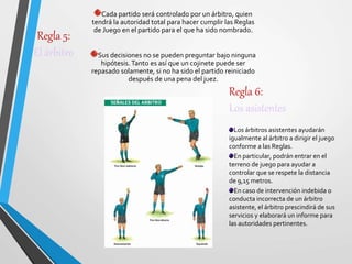 Regla 5:
El árbitro
Cada partido será controlado por un árbitro, quien
tendrá la autoridad total para hacer cumplir las Reglas
de Juego en el partido para el que ha sido nombrado.
Sus decisiones no se pueden preguntar bajo ninguna
hipótesis.Tanto es así que un cojinete puede ser
repasado solamente, si no ha sido el partido reiniciado
después de una pena del juez.
Regla 6:
Los asistentes
Los árbitros asistentes ayudarán
igualmente al árbitro a dirigir el juego
conforme a las Reglas.
En particular, podrán entrar en el
terreno de juego para ayudar a
controlar que se respete la distancia
de 9,15 metros.
En caso de intervención indebida o
conducta incorrecta de un árbitro
asistente, el árbitro prescindirá de sus
servicios y elaborará un informe para
las autoridades pertinentes.
 