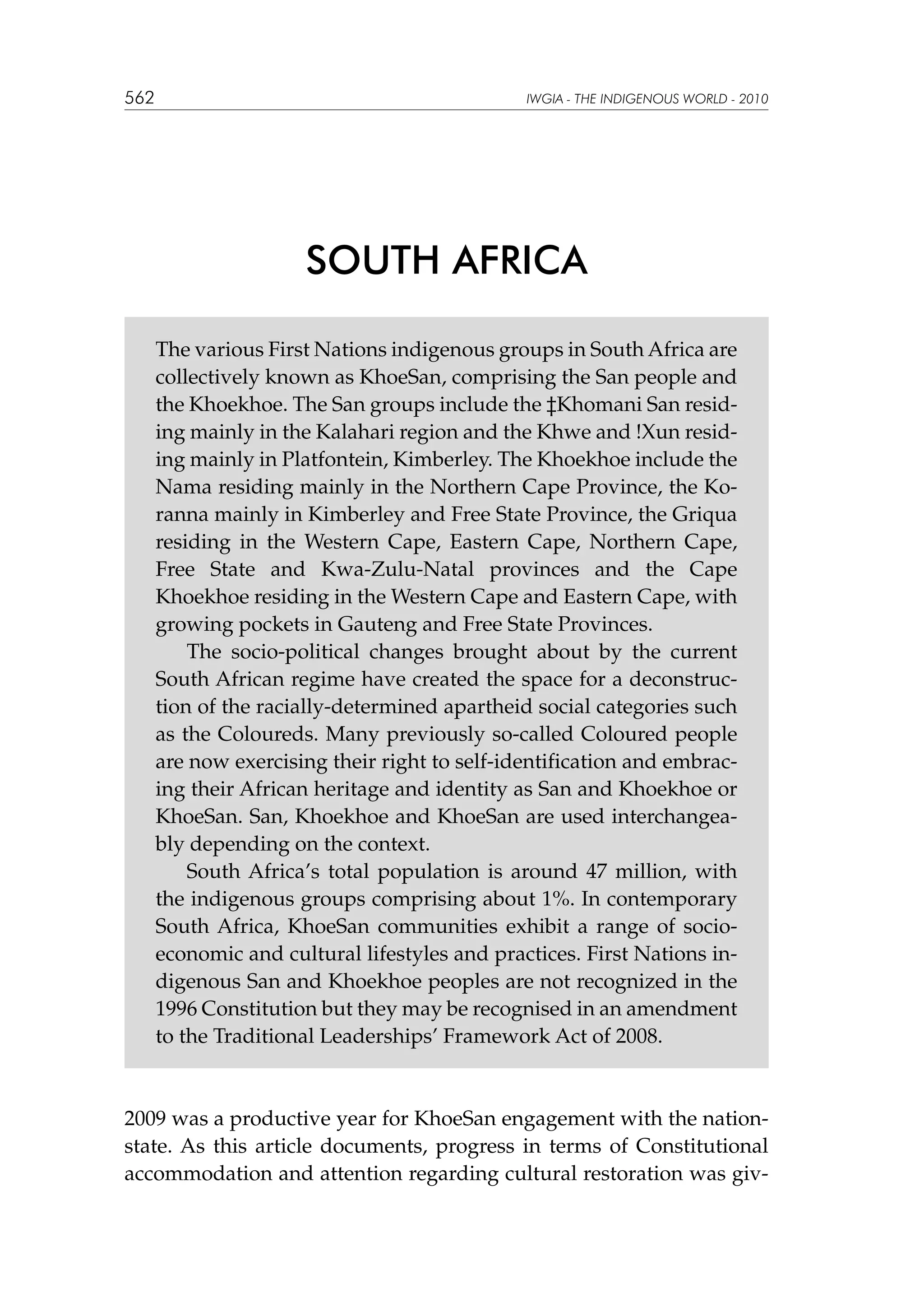 562

IWGIA - THE INDIGENOUS WORLD - 2010

SOUTH AF