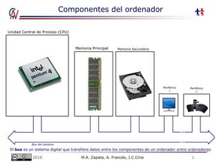Componentes del ordenador Bus del sistema Unidad Central de Proceso (CPU) 8 Memoria Principal Periférico 1 Periférico n Memoria Secundaria El  bus  es un sistema digital que transfiere datos entre los componentes de un ordenador entre ordenadores  