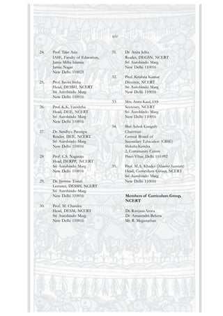 24. Prof. Talat Aziz
IASE, Faculty of Education,
Jamia Millia Islamia
Jamia Nagar
New Delhi 110025
25. Prof. Savita Sinha
Head, DESSH, NCERT
Sri Aurobindo Marg
New Delhi 110016
26. Prof. K.K. Vasishtha
Head, DEE, NCERT
Sri Aurobindo Marg
New Delhi 110016
27. Dr. Sandhya Paranjpe
Reader, DEE, NCERT
Sri Aurobindo Marg
New Delhi 110016
28 Prof. C.S. Nagaraju
Head, DERPP, NCERT
Sri Aurobindo Marg
New Delhi 110016
29. Dr. Jyotsna Tiwari
Lecturer, DESSH, NCERT
Sri Aurobindo Marg
New Delhi 110016
30. Prof. M. Chandra
Head, DESM, NCERT
Sri Aurobindo Marg
New Delhi 110016
31. Dr. Anita Julka
Reader, DEGSN, NCERT
Sri Aurobindo Marg
New Delhi 110016
32. Prof. Krishna Kumar
Director, NCERT
Sri Aurobindo Marg
New Delhi 110016
33 Mrs. Anita Kaul, IAS
Secretary, NCERT
Sri Aurobindo Marg
New Delhi 110016
34. Shri Ashok Ganguly
Chairman
Central Board of
Secondary Education (CBSE)
Shiksha Kendra
2, Community Centre
Preet Vihar, Delhi 110 092
35. Prof. M.A. Khader (Member Secretary)
Head, Curriculum Group, NCERT
Sri Aurobindo Marg
New Delhi 110016
Members of Curriculum Group,
NCERT
Dr. RanjanaArora
Dr. Amarendra Behera
Mr. R. Meganathan
xiv
 