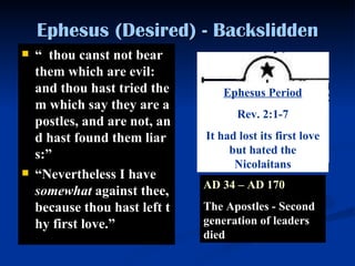 Ephesus (Desired) - Backslidden “   thou canst not bear them which are evil: and thou hast tried them which say they are apostles, and are not, and hast found them liars: ”   “ Nevertheless I have  somewhat  against thee, because thou hast left thy first love. ”   AD 34 – AD 170 The Apostles - Second generation of leaders died Ephesus Period Rev. 2:1-7 It had lost its first love but hated the Nicolaitans 