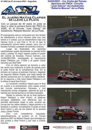 04/03/2021 ­ 1ra. Fecha del Torneo
Apertura del TNC4 ­ Circuito
"Juan Gálvez" del Autódromo
"Roberto Mouras" de La Plata
El jujeño Matías Clapier
se llevó La Plata
 