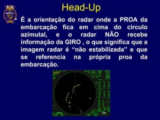 Head-Up
• É a orientação do radar onde a PROA da
embarcação fica em cima do circulo
azimutal, e o radar NÃO recebe
informação da GIRO , o que significa que a
imagem radar é “não estabilizada” e que
se referencia na própria proa da
embarcação.
 