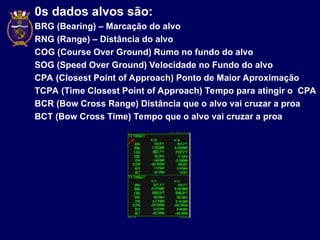 0s dados alvos são:
BRG (Bearing) – Marcação do alvo
RNG (Range) – Distância do alvo
COG (Course Over Ground) Rumo no fundo do alvo
SOG (Speed Over Ground) Velocidade no Fundo do alvo
CPA (Closest Point of Approach) Ponto de Maior Aproximação
TCPA (Time Closest Point of Approach) Tempo para atingir o CPA
BCR (Bow Cross Range) Distância que o alvo vai cruzar a proa
BCT (Bow Cross Time) Tempo que o alvo vai cruzar a proa
 