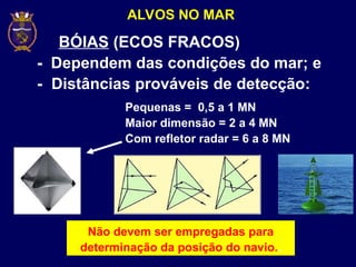 ALVOS NO MAR
BÓIAS (ECOS FRACOS)
- Dependem das condições do mar; e
- Distâncias prováveis de detecção:
Pequenas = 0,5 a 1 MN
Maior dimensão = 2 a 4 MN
Com refletor radar = 6 a 8 MN
Não devem ser empregadas para
determinação da posição do navio..
 