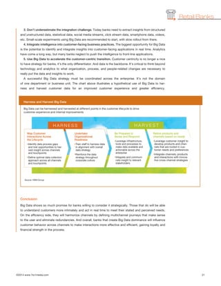 ©2014 www.1to1media.com	 21
Retail Banks
3. Don’t underestimate the integration challenge. Today banks need to extract insights from structured
and unstructured data, statistical data, social media streams, click stream data, smartphone data, videos,
etc. Small-scale experiments using Big Data are recommended to start, with slow rollout from there.
4. Integrate intelligence into customer-facing business practices. The biggest opportunity for Big Data
is the potential to identify and integrate insights into customer-facing applications in real time. Analytics
have come a long way, but many banks neglect to push the intelligence to front-line applications. 
5. Use Big Data to accelerate the customer-centric transition. Customer centricity is no longer a nice
to have strategy for banks, it’s the only differentiator. And data is the backbone. It’s critical to think beyond
technology and analytics to what organization, process, and people-related changes are necessary to
really put the data and insights to work.
A successful Big Data strategy must be coordinated across the enterprise. It’s not the domain
of one department or business unit. The chart above illustrates a hypothetical use of Big Data to har-
ness and harvest customer data for an improved customer experience and greater efficiency.
Conclusion
Big Data shows so much promise for banks willing to consider it strategically. Those that do will be able
to understand customers more intimately and act in real time to meet their stated and perceived needs.
On the efficiency side, they will harmonize channels by defining multichannel journeys that make sense
to the user and eliminate redundancies. And overall, banks that create Big Data dominance will influence
customer behavior across channels to make interactions more effective and efficient, gaining loyalty and
financial strength in the process.
Harness and Harvest Big Data
Big Data can be harnessed and harvested at different points in the customer lifecycle to drive
customer experience and internal improvements
Source: KBM Group
 