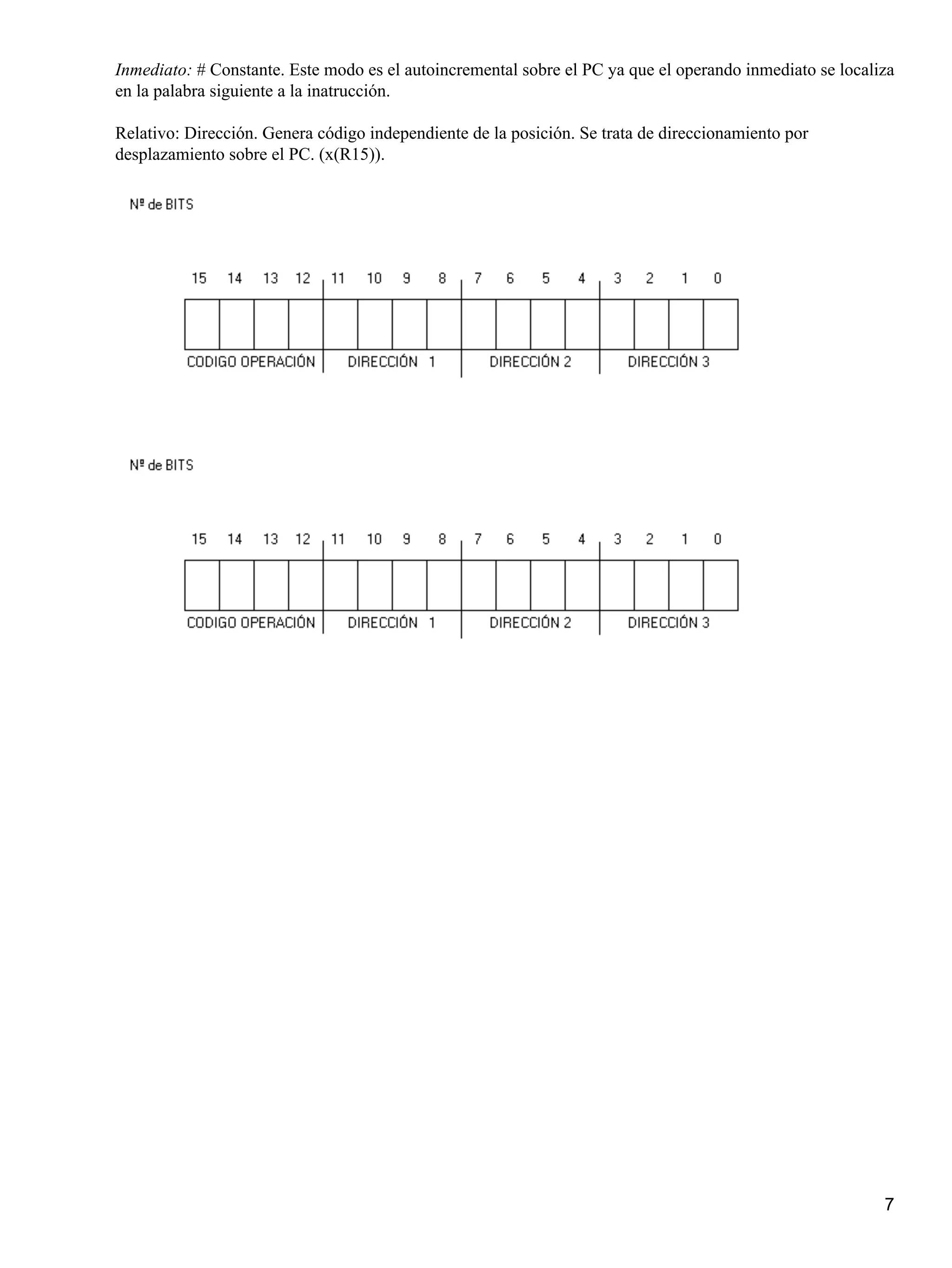 Inmediato: # Constante. Este modo es el autoincremental sobre el PC ya que el operando inmediato se localiza
en la palabra siguiente a la inatrucción.

Relativo: Dirección. Genera código independiente de la posición. Se trata de direccionamiento por
desplazamiento sobre el PC. (x(R15)).




                                                                                                          7
 