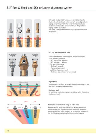 Divergence compensation using an outer cone
By using a 17.5° outer cone for SKY fast  fixed abutments,
compensation with divergent implants is possible. Maximum
compensation here is 35°, however we recommend not exceed-
ing the following angulations for biomechanical reasons.
Implant level
The abutments are fixed securely in six positions using 3.5 mm
long Torx® or as a one-part abutment.
Abutment level
All additional prosthetic steps are carried out using the copings
at abutment level.
Abutment level
Implant level
45° 27,5° 25° 10° 7,5° -10°
35° 17.5° 0°
Ø 5.65 Ø 4.5
SKY fast  fixed
abutment
narrow Platform
SKY uni.cone
abutment
narrow Platform
12
SKY fast  fixed / SKY uni.cone
• One-time treatment – no change of abutment required
• Two shoulder diameters:
- SKY fast  fixed: 5.65 mm
- SKY uni.cone: 4.5 mm
• Two types of screwing:
- Occlusally screwed
- Transversally screwed
• Modelling at abutment level
- Abutment does not need to be removed
SKY fast  fixed and SKY uni.cone are straight and angled
abutments with occlusally or transversally screwed prosthetic
copings for primary interlocked bar and bridge structures.
Abutments with a stable conical bonding to the prosthetic
copings are the foundation.
SKY fast  fixed abutments enable angulation compensation
of up to 35°.
SKY fast  fixed and SKY uni.cone abutment system
 