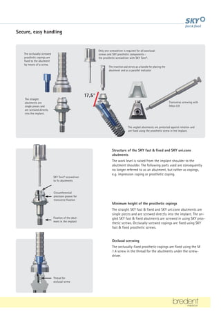 Secure, easy handling
Minimum height of the prosthetic copings
The straight SKY fast  fixed and SKY uni.cone abutments are
single pieces and are screwed directly into the implant. The an-
gled SKY fast  fixed abutments are screwed in using SKY pros-
thetic screws. Occlusally screwed copings are fixed using SKY
fast  fixed prosthetic screws.
The angled abutments are protected against rotation and
are fixed using the prosthetic screw in the implant.
Only one screwdriver is required for all aocclusal
screws and SKY prosthetic components -
the prosthetic screwdriver with SKY Torx®.
The insertion aid serves as a handle for placing the
abutment and as a parallel indicator
Transverse screwing with
Inbus 0.9
The straight
abutments are
single pieces and
are screwed directly
into the implant.
The occlusally-screwed
prosthetic copings are
fixed to the abutment
by means of a screw.
Structure of the SKY fast  fixed and SKY uni.cone
abutments
The work level is raised from the implant shoulder to the
abutment shoulder. The following parts used are consequently
no longer referred to as an abutment, but rather as copings,
e.g. impression coping or prosthetic coping.
Occlusal screwing
The occlusally-fixed prosthetic copings are fixed using the M
1.4 screw in the thread for the abutments under the screw-
driver.
SKY Torx® screwdriver
to fix abutments
Circumferential
precision groove for
transverse fixation
Fixation of the abut-
ment in the implant
Thread for
occlusal screw
17,5°
 