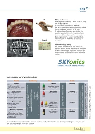 CPS
Indication and use of visio.lign primer
Material Conditioning Primer Bond to
Ceramic
• Silicate ceramic
(CAD blanks/mark II/
Lithium (Di)silicate/glass ceramic
• Press ceramic/veneer ceramic
Oral:
roughen
with
a
coarse
diamond
–
with
no
water
cooling.
No
contact
with
water!
Clean
with
alcohol
as
required
Extraoral:
Sandblast
using
110
µm
Al-oxide.
2
bar
K-Primer
Apply twice
and allow to vaporise
REF APK25003
Allow
to
vaporise
for
approx.
15
seconds
Do
not
use
any
glass
or
ceramic
veneers!
Composite
Apply
a
thin
layer
of
composite/opaquer,
polymerise
with
Halogen
light
or
an
LED
lamp
for
30
seconds.
Apply
crea.lign
composite
in
thin
layers,
remove
the
inhibition
layer
using
alcohol.
Polish
with
pre-polish
and
high-gloss
polish.
Metal/Titanium
• CoCr (EMF/NPM) alloys
• Titanium alloys
Zirconium
•	
Zirconium dioxide (aluminium
oxide/spinel ceramic)
Zirconium
max.
2
bar
NPM/titanium/CoCr
3
-
4
bar
MKZ Primer
REF MKZ02004
Opaquer
Zirconium liner
Precious metal
• Precious metal alloys
(Au/Ag/Pt/Pd)
• eco alloys (precious metal-
reduced alloys)
2
bar
MKZ Primer
REF MKZ02004
MKZ EM activator
REF MKZEM004
Opaquer
Polymers/Composites
• High-performance polymers
BioHPP/BioXS (PEEK/PEKK)
• Composites (veneer composite/
composite teeth)
• PMMA material
2
bar
visio.link
REF VLPMMA10
Apply thinly
90
seconds
Light
polymerisation
370
-
500
nm
Opaquer
Composite
+
(Overview
design:
Stephan
Adler,
Landsberg
am
Lech)
You can find more information on the visio.lign aesthetic and functional system and its components (e.g. novo.lign, neo.lign,
crea.lign and primer) at www.visio-lign.com.
Fitting of the work
Screwing and unscrewing is made easier by using
the battery-operated
CPS (Cordless Prostodontic Screwdriver).
The occlusally screwed prosthetic copings and the
lateral screws are tightened to 18 Ncm.
In addition to occlusion and articulation, the
cleaning option with brushes and super floss is
checked and the patient receives instruction.
Screwing enables the bridge restoration to be
removed easily by the dentist for cleaning or
reworking.
flow.sil microgap sealing
The silicone matrix made of flow.sil with no
softener ensures reliable sealing of the microgaps
between the abutment and bridge structure. Any
excess product can be easily removed without a
scalpel.
flow.sil
 