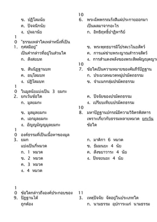 ข. ปฏิโลมนัย
ค. ปัจจนีกนัย
ง. ปุจฉานัย

1
0 "ธรรมเหล่าใดเหล่าหนึ่งที่เป็น
1. กุศลมีอยู่"
เป็นคำากล่าวที่อยู่ในส่วนใด
ก. สังสยบท
ข. สันนิฏฐานบท
ค. อนุโลมบท
ง. ปฏิโลมบท

1
0 ในมูลนัยแบ่งเป็น 3 ยมกะ
2. ยกเว้นข้อใด
ก. มูลยมกะ
ข. มูลมูลยมกะ
ค. เอกมูลยมกะ
ง. อัญญมัญญมูลยมกะ

1
0 องค์ธรรมที่เป็นเนื้อหาของมูล
3. ยมก
แบ่งเป็นกี่หมวด
ก. 1 หมวด
ข. 2 หมวด
ค. 3 หมวด
ง. 4 หมวด

1
0 ข้อใดกล่าวถึงองค์ประกอบของ
9. ปัฏฐานได้
ถูกต้อง

10
6. พระฉัพพรรณรังสีแผ่ประกายออกมา
เป็นผลมาจากอะไร
ก. อิทธิฤทธิ์ปาฏิหาริย์

ข. พระพุทธบารมีโปรดเวไนยสัตว์
ค. การแผ่ข่ายพระญาณสำารวจสัตว์
ง. การสำาแดงพลังของพระสัพพัญญุตญาณ

10
7. ข้อใดเป็นความหมายของคัมภีร์ปัฏฐาน
ก. ประมวลหมวดหมู่ปรมัตถธรรม
ข. จำาแนกกลุ่มปรมัตถธรรม
ค. ปัจจัยของปรมัตถธรรม
ง. เปรียบเทียบปรมัตถธรรม

10
8. มหาปัฏฐานปกรณ์มีความวิจิตรพิสดาร
เพราะเกี่ยวกับธรรมหลายหมวด ยกเว้น
ข้อใด
ก.
ข.
ค.
ง.

มาติกา 6 หมวด
ธัมมนยะ 4 นัย
สังขยาวาระ 4 นัย
ปัจจยนยะ 4 นัย

11
3. เหตุปัจจัย จัดอยู่ในประเภทใด
ก. นามธรรม อุปการะแก่ นามธรรม

 
