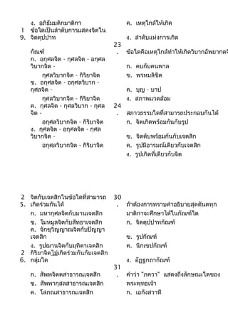 ง. อภิธัมมติกมาติกา
1 ข้อใดเป็นลำาดับการแสดงจิตใน
9. จิตตุปปาท
กัณฑ์
ก. อกุศลจิต - กุศลจิต - อกุศล
วิบากจิต กุศลวิบากจิต - กิริยาจิต
ข. อกุศลจิต - อกุศลวิบาก กุศลจิต กุศลวิบากจิต - กิริยาจิต
ค. กุศลจิต - กุศลวิบาก - กุศล
จิต อกุศลวิบากจิต - กิริยาจิต
ง. กุศลจิต - อกุศลจิต - กุศล
วิบากจิต อกุศลวิบากจิต - กิริยาจิต

ค. เหตุใกล้ให้เกิด
ง. ลำาดับแห่งการเกิด

23
. ข้อใดคือเหตุใกล้ทำาให้เกิดวิบากอัพยากตจ
ก. คบกับคนพาล
ข. พรหมลิขิต
ค. บุญ - บาป
ง. สภาพแวดล้อม

24
. สภาวธรรมใดที่สามารถประกอบกันได้
ก. จิตเกิดพร้อมกันกับรูป
ข. จิตดับพร้อมกันกับเจตสิก
ค. รูปมีอารมณ์เดียวกับเจตสิก
ง. รูปเกิดที่เดียวกับจิต

2 จิตกับเจตสิกในข้อใดที่สามารถ 30
5. เกิดร่วมกันได้
. ถ้าต้องการทราบคำาอธิบายสุตตันตทุก
ก. มหากุศลจิตกับมานเจตสิก
มาติกาจะศึกษาได้ในกัณฑ์ใด
ข. โมหมูลจิตกับสัทธาเจตสิก
ก. จิตตุปปาทกัณฑ์
ค. จักขุวิญญาณจิตกับปัญญา
เจตสิก
ข. รูปกัณฑ์
ง. รูปฌานจิตกับมุทิตาเจตสิก
ค. นิกเขปกัณฑ์
2 กิริยาจิตไม่เกิดร่วมกันกับเจตสิก
6. กลุ่มใด
ง. อัฏฐกถากัณฑ์
31
ก. สัพพจิตตสาธารณเจตสิก
. คำาว่า "ภควา" แสดงถึงลักษณะใดของ
ข. สัพพากุสลสาธารณเจตสิก
พระพุทธเจ้า
ค. โสภณสาธารณเจตสิก
ก. เอกังสวาที

 