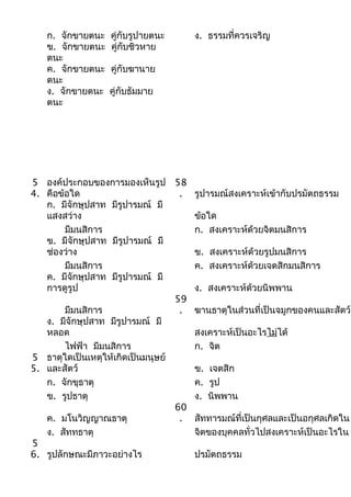 ก. จักขายตนะ
ข. จักขายตนะ
ตนะ
ค. จักขายตนะ
ตนะ
ง. จักขายตนะ
ตนะ

คู่กับรูปายตนะ
คู่กับชิวหาย

ง. ธรรมที่ควรเจริญ

คู่กับฆานาย
คู่กับธัมมาย

5 องค์ประกอบของการมองเห็นรูป 58
4. คือข้อใด
. รูปารมณ์สงเคราะห์เข้ากับปรมัตถธรรม
ก. มีจักษุปสาท มีรูปารมณ์ มี
แสงสว่าง
ข้อใด
มีมนสิการ
ก. สงเคราะห์ด้วยจิตมนสิการ
ข. มีจักษุปสาท มีรูปารมณ์ มี
ช่องว่าง
ข. สงเคราะห์ด้วยรูปมนสิการ
มีมนสิการ
ค. สงเคราะห์ด้วยเจตสิกมนสิการ
ค. มีจักษุปสาท มีรูปารมณ์ มี
การดูรูป
ง. สงเคราะห์ด้วยนิพพาน
59
มีมนสิการ
. ฆานธาตุในส่วนที่เป็นจมูกของคนและสัตว์
ง. มีจักษุปสาท มีรูปารมณ์ มี
หลอด
สงเคราะห์เป็นอะไรไม่ได้
ไฟฟ้า มีมนสิการ
ก. จิต
5 ธาตุใดเป็นเหตุให้เกิดเป็นมนุษย์
5. และสัตว์
ข. เจตสิก
ก. จักขุธาตุ
ค. รูป
ข. รูปธาตุ
ง. นิพพาน
60
ค. มโนวิญญาณธาตุ
. สัททารมณ์ที่เป็นกุศลและเป็นอกุศลเกิดใน
ง. สัททธาตุ
จิตของบุคคลทั่วไปสงเคราะห์เป็นอะไรใน
5
6. รูปลักษณะมีภาวะอย่างไร
ปรมัตถธรรม

 