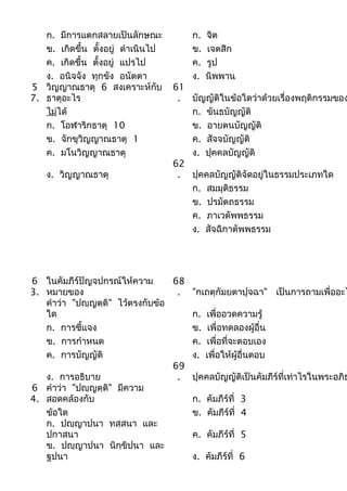 ก. มีการแตกสลายเป็นลักษณะ
ข. เกิดขึ้น ตั้งอยู่ ดำาเนินไป
ค. เกิดขึ้น ตั้งอยู่ แปรไป
ง. อนิจจัง ทุกขัง อนัตตา
5 วิญญาณธาตุ 6 สงเคราะห์กับ
7. ธาตุอะไร
ไม่ได้
ก. โอฬาริกธาตุ 10
ข. จักขุวิญญาณธาตุ 1
ค. มโนวิญญาณธาตุ
ง. วิญญาณธาตุ

ก.
ข.
ค.
ง.

จิต
เจตสิก
รูป
นิพพาน

61
. บัญญัติในข้อใดว่าด้วยเรื่องพฤติกรรมของ
ก. ขันธบัญญัติ
ข. อายตนบัญญัติ
ค. สัจจบัญญัติ
ง. ปุคคลบัญญัติ
62
. ปุคคลบัญญัติจัดอยู่ในธรรมประเภทใด
ก. สมมุติธรรม
ข. ปรมัตถธรรม
ค. ภาเวตัพพธรรม
ง. สัจฉิกาตัพพธรรม

6 ในคัมภีร์ปัญจปกรณ์ให้ความ
68
3. หมายของ
. "กเถตุกัมยตาปุจฉา" เป็นการถามเพื่ออะไ
คำาว่า "ปญฺญตฺติ" ไว้ตรงกับข้อ
ใด
ก. เพื่ออวดความรู้
ก. การชี้แจง
ข. เพื่อทดลองผูอื่น
้
ข. การกำาหนด
ค. เพื่อที่จะตอบเอง
ค. การบัญญัติ
ง. เพื่อให้ผู้อื่นตอบ
69
ง. การอธิบาย
. ปุคคลบัญญัติเป็นคัมภีร์ที่เท่าไรในพระอภิธ
6 คำาว่า "ปญฺญตฺติ" มีความ
4. สอดคล้องกับ
ก. คัมภีร์ที่ 3
ข้อใด
ข. คัมภีร์ที่ 4
ก. ปญฺญาปนา ทสฺสนา และ
ปกาสนา
ค. คัมภีร์ที่ 5
ข. ปญฺญาปนา นิกฺขิปนา และ
ฐปนา
ง. คัมภีร์ที่ 6

 