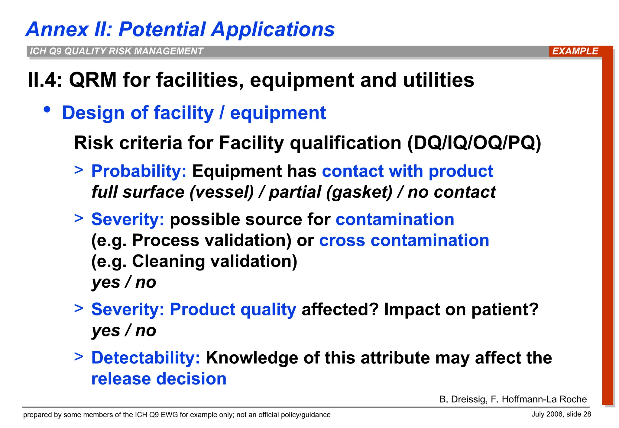 Annex II: Potential Applications
prepared by some members of the ICH Q9 EWG for example only; not an official policy/guidance July 2006, slide 28
ICH Q9 QUALITY RISK MANAGEMENT
II.4: QRM for facilities, equipment and utilities
 Design of facility / equipment
Risk criteria for Facility qualification (DQ/IQ/OQ/PQ)
> Probability: Equipment has contact with product
full surface (vessel) / partial (gasket) / no contact
> Severity: possible source for contamination
(e.g. Process validation) or cross contamination
(e.g. Cleaning validation)
yes / no
> Severity: Product quality affected? Impact on patient?
yes / no
> Detectability: Knowledge of this attribute may affect the
release decision
EXAMPLE
B. Dreissig, F. Hoffmann-La Roche
 