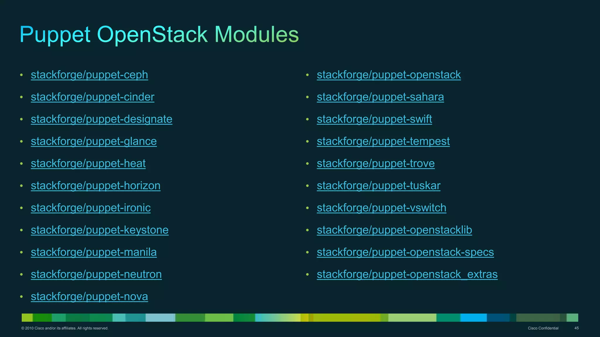 © 2010 Cisco and/or its affiliates. All rights reserved. Cisco Confidential 45
• stackforge/puppet-ceph
• stackforge/puppet-cinder
• stackforge/puppet-designate
• stackforge/puppet-glance
• stackforge/puppet-heat
• stackforge/puppet-horizon
• stackforge/puppet-ironic
• stackforge/puppet-keystone
• stackforge/puppet-manila
• stackforge/puppet-neutron
• stackforge/puppet-nova
• stackforge/puppet-openstack
• stackforge/puppet-sahara
• stackforge/puppet-swift
• stackforge/puppet-tempest
• stackforge/puppet-trove
• stackforge/puppet-tuskar
• stackforge/puppet-vswitch
• stackforge/puppet-openstacklib
• stackforge/puppet-openstack-specs
• stackforge/puppet-openstack_extras
 