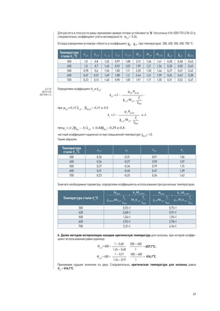 Для расчета в плоскости рамы принимаем кривую потери устойчивости "b" (поскольку h/b=500/170=2,94>2) и,
следовательно, коэффициент учета несовершенств aLT
= 0,34.
Отсюда определяем условную гибкость и коэффициент χfi
, χLT
при температурах 300, 400, 500, 600, 700 °С:
Температура
стали qа
,°С
ky,θ
kЕ,θ λz, θ
λy,θ
λLT,θ
Фzθ
Фyθ
ФLT,θ cz,fi
cy,fi
cLT,fi
300 1,0 0,8 1,52 0,97 1,08 2,12 1,26 1,41 0,28 0,48 0,43
400 1,0 0,7 1,45 0,92 1,03 1,99 1,21 1,34 0,30 0,50 0,45
500 0,78 0,6 1,56 1,00 1,11 2,20 1,30 1,46 0,27 0,47 0,42
600 0,47 0,31 1,69 1,08 1,2 2,44 1,41 1,59 0,24 0,43 0,38
700 0,23 0,13 1,40 0,90 1,00 1,91 1,17 1,30 0,31 0,52 0,47
Определяем коэффициент ky
и kLT
:
kLT
=1 –
fy
,
при
при ;
частный коэффициент надежности при повышенной температуре gM,fi
= 1,0.
Таким образом:
Температура
стали θа
,°С
μLT
μy
kLT
ky
300 0,26 -0,31 0,91 1,06
400 0,24 -0,27 0,90 1,07
500 0,27 -0,34 0,79 1,15
600 0,31 -0,40 0,47 1,39
700 0,23 -0,25 0,36 1,42
Зная все необходимые параметры, определяем коэффициенты использования при различных температурах:
Температура стали θа
°С
300 0,55<1 0,75<1
400 0,68<1 0,91>1
500 1,24<1 1,55>1
600 2,92>1 2,78>1
700 5,31>1 4,16>1
6. Далее методом интерполяции находим критическую температуру для колонны, при которой коэффи-
циент использования равен единице:
= 457,1°С;
414,1°С.
Принимаем худшее значение из двух. Следовательно, критическая температура для колонны равна
θcr 
= 414,1°С.
4.2.3.5
ДСТУ-Н Б
EN 1993-1-2
49
 