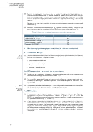 (7) 	 Высокая теплопроводность стали практически не вызывает температурного градиента внутри кон-
струкции, что приводит к быстрому достижению критических температур прогрева стальных конструк-
ций, при которых происходит снижение прочностных (несущих) характеристик стальных элементов до
величин, при которых конструкция становится неспособной выдерживать приложенную к ней внешнюю
нагрузку.
	 В результате этого наступает предельное состояние стальной конструкции по признаку потери несущей
способности (R).
(8) 	 Некоторые значения критической температуры θа,cr
прогрева различных стальных конструкций для
различных марок стали при нормативной эксплуатационной нагрузке приведены в Таблице 4.1.
Таблица 4.1 Критические температуры стальных элементов для различных марок стали
Материал конструкции θа,cr
, °C
Сталь углеродистая Ст3, Ст5 470
Низколегированная сталь 30ХГ2С 500
Низколегированная сталь 25Г2С 550
Сталь марки 10Х17Н13М2Т 700
4.1.2 Методы определения предела огнестойкости стальных конструкций
4.1.2.1 Основные методы
(1) 	 Для определения предела огнестойкости стальных конструкций при проектировании (см. Раздел 2.3.2)
допускается использование следующих методов:
•	 упрощенные расчетные модели;
•	 уточненные расчетные модели;
•	 натурные огневые испытания.
4.1.2.2 Упрощенные и уточненные расчетные модели
(1) 	 Упрощенные расчетные модели основываются на традиционных допущениях и являются упрощенными
методами расчета конструкций на огнестойкость (см. п. 2.3.2.1).
(2) 	 Уточненные (или продвинутые) методы расчета являются способами расчета, при которых соответству-
ющим образом используются инженерные принципы для решения специфических прикладных задач
(см. п. 2.3.2.2).
(3) 	 Уточненные расчетные модели рекомендуется использовать для воспроизведения целой конструктив-
ной системы, части конструктивной системы или отдельной конструкции.
4.1.2.3 Испытания
(1) 	 Огневые испытания для определения предела огнестойкости несущих стальных конструкций проводят
в соответствии с национальными стандартами ДСТУ Б В.1.1-4, ДСТУ Б В.1.1-13, ДСТУ Б В.1.1-14 и ДСТУ Б
В.1.1-17. В них подробно изложены требования к методам испытаний конструкций в условиях номиналь-
ных режимов развития пожара (см. Раздел 2.2.1).
(2) 	 Суть методов испытаний стальных конструкций заключается в определении времени от начала тепло-
вого воздействия по номинальному температурному режиму, до наступления одного из предельных
состояний по огнестойкости. При проведении огневых испытаний образцов стальных конструкций
предельным состоянием по признаку потери несущей способности (R) является обрушение образца
или возникновение предельных деформаций, возникающих под действием нормативной нагрузки –
граничное значение прогибов (продольных смещений) или граничное значение скорости нарастания
деформаций.
НБ 2.4.
Национальное
приложение к
ДСТУ-Н Б
EN 1993-1-2
4.1 (2)
ДСТУ-Н Б
EN 1993-1-2
60
СТАЛЬНЫЕ КОНСТРУКЦИИ
– УПРОЩЕННЫЕ МЕТОДЫ
РАСЧЕТА
 