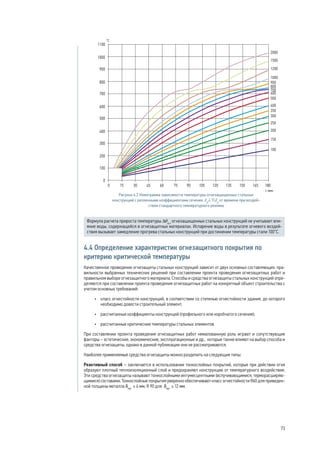 Формула расчета прироста температуры Δθa,t
огнезащищенных стальных конструкций не учитывает вли-
яние воды, содержащейся в огнезащитных материалах. Испарение воды в результате огневого воздей-
ствия вызывает замедление прогрева стальных конструкций при достижении температуры стали 100°С.
4.4 Определение характеристик огнезащитного покрытия по
критерию критической температуры
Качественное проведение огнезащиты стальных конструкций зависит от двух основных составляющих: пра-
вильности выбранных технических решений при составлении проекта проведения огнезащитных работ и
правильном выборе огнезащитного материала. Способы и средства огнезащиты стальных конструкций опре-
деляются при составлении проекта проведения огнезащитных работ на конкретный объект строительства с
учетом основных требований:
•	 класс огнестойкости конструкций, в соответствии со степенью огнестойкости здания, до которого
необходимо довести строительный элемент;
•	 рассчитанные коэффициенты конструкций (профильного или коробчатого сечения);
•	 рассчитанные критические температуры стальных элементов.
При составлении проекта проведения огнезащитных работ немаловажную роль играют и сопутствующие
факторы – эстетические, экономические, эксплуатационные и др., которые также влияют на выбор способа и
средства огнезащиты, однако в данной публикации они не рассматриваются.
Наиболее применяемые средства огнезащиты можно разделить на следующие типы:
Реактивный способ – заключается в использовании тонкослойных покрытий, которые при действии огня
образуют плотный теплоизоляционный слой и предохраняют конструкцию от температурного воздействия.
Эти средства огнезащиты называют тонкослойными интумесцентными (вспучивающимися, терморасширяю-
щимися) составами. Тонкослойные покрытия уверенно обеспечивают класс огнестойкости R60 для приведен-
ной толщины металла δпр
≥ 4 мм, R 90 для δпр
≥ 12 мм.
Рисунок 4.2 Номограмма зависимости температуры огнезащищенных стальных
конструкций c различными коэффициентами сечения Ap
λ/Vdp
от времени при воздей-
ствии стандартного температурного режима
73
 