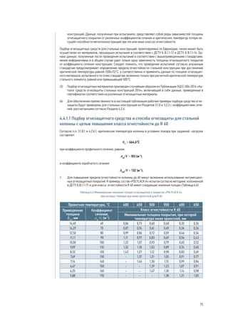 конструкций. Данные, полученные при испытаниях, представляют собой ряды зависимостей толщины
огнезащитного покрытия от различных коэффициентов сечения и критических температур потери не-
сущей способности металлоконструкций при тех или иных классах огнестойкости.
Подбор огнезащитных средств для стальных конструкций, проектируемых по Еврокодам, также может быть
осуществлен из материалов, прошедших испытания в соответствии с ДСТУ Б В.1.1-13 и ДСТУ Б В.1.1-14. Од-
нако данные, полученные после проведения испытаний в соответствии с вышеприведенными стандартами,
менее информативны и в общем случае дают только одну зависимость толщины огнезащитного покрытия
от коэффициента сечения конструкции. Следует помнить, что проведение испытаний согласно указанным
стандартам предусматривает определение предела огнестойкости стальной конструкции при достижении
критической температуры равной (500±15)°С, а соответственно и применять данные по толщине огнезащит-
ного материала, испытанного по этим стандартам, возможно только при расчетной критической температуре
стального элемента, равной или превышающей 500°С.
(3) 	 Подбор огнезащитных материалов произведен случайным образом из Публикации УЦСС-004-2014 «Ка-
талог средств огнезащиты стальных конструкций 2014», включающей в себя данные, приведенные в
сертификатах соответствия на различные огнезащитные материалы.
(4) 	 Для обеспечения преемственности в настоящей публикации рабочие примеры подбора средства огне-
защиты будут приведены для стальных конструкций из Разделов 3.1.8 и 3.2.3 с коэффициентами сече-
ний, рассчитанными согласно Разделу 4.2.6.
4.4.1.1 Подбор огнезащитного средства и способа огнезащиты для стальной
колонны с целью повышения класса огнестойкости до R 60
Согласно п.п. 3.1.8.1 и 4.2.6.1, критическая температура колонны в условиях пожара при заданной нагрузке
составляет:
qcr
= 664,6°С,
при коэффициенте профильного сечения, равном
Аm
/V = 183 (м-1
),
и коэффициенте коробчатого сечения
Аmk
/V = 132 (м-1
).
1. 	 Для повышения предела огнестойкости колонны до 60 минут возможно использование интумесцент-
ных огнезащитных покрытий. К примеру, состав «POLYLACK А» испытан согласно методике, изложенной
в ДСТУ Б В.1.1-17, и для класса огнестойкости R 60 имеет следующие значения толщин (Таблица 4.6):
Таблица 4.6 Минимальные значения толщин огнезащитного покрытия «POLYLACK А»,
при которых температура ниже проектной для R 60
Проектная температура, °С 400 450 500 550 600 650
Приведенная
толщина
δпр
, мм
Коэффициент
сечения,
Аm
/V, (м-1
)
Класс огнестойкости R 60
Минимальная толщина покрытия, при которой
температура ниже проектной, мм
14,49 69 0,86 0,73 0,60 0,48 0,35 0,26
14,29 70 0,87 0,74 0,61 0,49 0,36 0,26
12,50 80 0,99 0,86 0,72 0,59 0,46 0,34
11,11  90 1,11 0,97 0,83 0,69 0,56 0,43
10,00 100 1,22 1,07 0,93 0,79 0,65 0,52
9,09 110 1,32 1,18 1,03 0,89 0,74 0,60
8,33 120 1,43 1,27 1,12 0,98 0,83 0,69
7,69 130 - 1,37 1,21 1,05 0,91 0,77
7,14 140 - 1,46 1,30 1,15 0,99 0,84
6,67 150 - - 1,39 1,23 1,07 0,91
6,25 160 - - 1,47 1,30 1,14 0,98
5,88 170 - - - 1,38 1,21 1,05
75
 