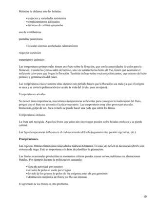 Métodos de defensa ante las heladas:
especies y variedades resistentes•
emplazamientos adecuados•
técnicas de cultivo apropiadas•
uso de ventiladores
pantallas protectoras
instalar sistemas antiheladas calentamiento•
riego por aspersión
tratamientos químicos
Las temperaturas primaverales tienen un efecto sobre la floración, que son las necesidades de calor para la
floración. Cuando las yemas salen del reposo, una vez satisfecho las horas de frío, tienen que acumular el
suficiente calor para que llegue la floración. También influye sobre vectores polinizantes, crecimiento del tubo
polínico y germinación del polen.
Las temperaturas excesivamente altas durante este período hacen que la floración sea mala ya que el estigma
se seca y se corta la polinización (se acorta la vida del óvulo, pues envejece).
Temperaturas estivales.
No tienen tanta importancia, necesitamos temperaturas suficientes para conseguir la maduración del fruto,
porque sino el fruto no acumula el azúcar necesario. Las temperaturas muy altas provocan asurado,
bronceado, golpe de sol. Para evitarlo se puede hacer una poda que cubra los frutos.
Temperaturas otoñales.
La fruta está recogida. Aquellos frutos que están aún sin recoger pueden sufrir heladas otoñales y se pierde
calidad.
Las bajas temperaturas influyen en el endurecimiento del leño (agostamiento, parada vegetativa, etc.).
Precipitaciones.
Las especies frutales tienen unas necesidades hídricas diferentes. En caso de déficit es necesario cubrirlo con
sistemas de riego. Esto es importante a la hora de planificar la plantación.
Las lluvias ocasionales producidas en momentos críticos pueden causar serios problemas en plantaciones
frutales. Por ejemplo durante la polinización causando:
falta de actividad por insectos•
arrastre de polen al suelo por el agua•
lavado de los granos de polen de los estigmas antes de que germinen•
destrucción mecánica de flores por lluvias intensas.•
El agrietado de los frutos es otro problema.
19
 