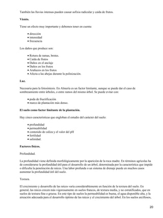 También las lluvias intensas pueden causar asfixia radicular y caída de frutos.
Viento.
Tiene un efecto muy importante y debemos tener en cuenta:
dirección•
intensidad•
frecuencia•
Los daños que produce son:
Rotura de ramas, brotes.•
Caída de frutos•
Daños en el anclaje•
Daños en los frutos•
Arañazos en los frutos•
Afecta a las abejas durante la polinización.•
Luz.
Necesaria para la fotosíntesis. En Almería es un factor limitante, aunque se puede dar el caso de
sombreamiento entre árboles, o entre ramos del mismo árbol. Se puede evitar con:
poda de fructificación•
marco de plantación más denso.•
El suelo como factor limitante de la plantación.
Hay cinco características que engloban el estudio del carácter del suelo:
profundidad•
permeabilidad•
contenido de caliza y el valor del pH•
fertilidad•
salinidad.•
Factores físicos.
Profundidad.
La profundidad viene definida morfológicamente por la aparición de la roca madre. En términos agrícolas ha
de considerarse la profundidad útil para el desarrollo de un árbol, determinada por la característica que impide
o dificulta la penetración de raíces. Una labor profunda o un sistema de drenaje puede en muchos casos
aumentar la profundidad útil del suelo.
Textura.
El crecimiento y desarrollo de las raíces varía considerablemente en función de la textura del suelo. En
general, las raíces crecen más vigorosamente en suelos francos, de textura media, y no estratificados, que en
suelos de textura fina o gruesa. En este tipo de suelos la permeabilidad es buena, el agua disponible alta, y la
aireación adecuada para el desarrollo óptimo de las raíces y el crecimiento del árbol. En los suelos arcillosos,
20
 