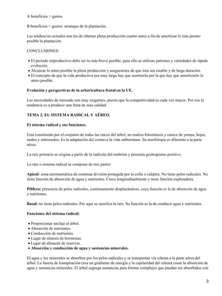 A beneficios > gastos
B beneficios < gastos: arranque de la plantación.
Las tendencias actuales son las de obtener plena producción cuanto antes a fin de amortizar lo más pronto
posible la plantación.
CONCLUSIONES:
El período improductivo debe ser lo más breve posible, para ello se utilizan patrones y variedades de rápida
evolución.
•
Alcanzar lo antes posible la plena producción y asegurarnos de que ésta sea estable y de larga duración.•
El concepto de que la vida productiva sea muy larga hay que sustituirla por la que hay que amortizarlo lo
antes posible.
•
Evolución y perspectivas de la arboricultura frutal en la UE.
Las necesidades de mercado son muy exigentes, puesto que la competitividad es cada vez mayor. Por eso la
tendencia es a producir una fruta de mas calidad
TEMA 2. EL SISTEMA RADICAL Y AÉREO.
El sistema radical y sus funciones.
Está constituido por el conjunto de todas las raíces del árbol, no realiza fotosíntesis y carece de yemas, hojas,
nudos y entrenudos. Es la adaptación del cormo a la vida subterránea. Su morfología es diferente a la parte
aérea.
La raíz primaria se origina a partir de la radícula del embrión y presenta geotropismo positivo.
La raíz o sistema radical se compone de tres partes:
Apical: zona meristemática de continua división protegida por la cofia o caliptra. No tiene pelos radicales. No
tiene función de absorción de agua y nutrientes. Crece longitudinalmente y tiene función exploradora.
Pilífera: presencia de pelos radicales, continuamente desplazándose, cuya función es la de absorción de agua
y nutrientes.
Basal: no tiene pelos radicales. Por aquí se ramifica la raíz. Su función es la de conducir agua y nutrientes.
Funciones del sistema radical:
Proporcionar anclaje al árbol.•
Absorción de nutrientes.•
Conducción de nutrientes.•
Lugar de síntesis de hormonas.•
Lugar de almacén de reservas.•
Absorción y conducción de agua y sustancias minerales.•
El agua y los minerales se absorben por los pelos radicales y se transportan vía xilema a la parte aérea del
árbol. La fuerza de transpiración crea un gradiente de energía y la capilaridad del xilema crean la absorción de
agua y sustancias minerales. El árbol segrega sustancias para formar complejos que puedan ser absorbidos con
3
 