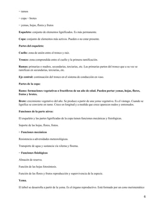 − ramos
− copa − brotes
− yemas, hojas, flores y frutos
Esqueleto: conjunto de elementos lignificados. Es más permanente.
Copa: conjunto de elementos más activos. Pueden o no estar presente.
Partes del esqueleto:
Cuello: zona de unión entre el tronco y raíz.
Tronco: zona comprendida entre el cuello y la primera ramificación.
Ramas: primarias o madres, secundarias, terciarias, etc. Las primarias parten del tronco que a su vez se
ramifican en secundarias, terciarias, etc.
Eje central: continuación del tronco en el sistema de conducción en vaso.
Partes de la copa:
Ramo: formaciones vegetativas o fructíferas de un año de edad. Pueden portar yemas, hojas, flores,
frutos y brotes.
Brote: crecimiento vegetativo del año. Se produce a partir de una yema vegetativa. Es el vástago. Cuando se
lignifica se convierte en ramo. Crece en longitud y a medida que crece aparecen nudos y entrenudos.
Funciones de la parte aérea:
El esqueleto y las partes lignificadas de la copa tienen funciones mecánicas y fisiológicas.
Soporte de las hojas, flores, frutos.
− Funciones mecánicas
Resistencia a adversidades meteorológicas.
Transporte de agua y sustancia vía xilema y floema.
− Funciones fisiológicas
Almacén de reserva.
Función de las hojas fotosíntesis.
Función de las flores y frutos reproducción y supervivencia de la especie.
Yema.
El árbol se desarrolla a partir de la yema. Es el órgano reproductivo. Está formado por un cono meristemático
6
 