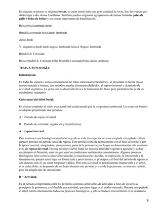 En algunas ocasiones se originan bolsas, se crean donde hubo una gran cantidad de savia, hay dos yemas que
darán lugar a dos ramos fructíferos. También pueden originarse agrupaciones de bolsas llamadas patas de
gallo o bolsa de bolsas y son zonas importantes de fructificación.
Bolsa bolsa lamburda dardo
Brindilla coronada bolsa dardo lamburda
dardo dardo
Y. vegetativa dardo dardo rugoso lamburda bolsa d. Rugoso lamburda
Brindilla b. Coronada
Bolsa brindilla b. Coronada bolsa brindilla b coronada bolsa dardo lamburda.
TEMA 3. FENOLOGÍA.
Introducción.
En todas las especies, como consecuencia del ritmo estacional termométrico, se presentan en forma más o
menos marcada e intensa, dos períodos anuales claramente definidos: el reposo invernal y el período de
actividad vegetativa. La yema con su desarrollo lleva a la formación del fruto, pero paralelamente se da un
crecimiento vegetativo.
Ciclo anual del árbol frutal.
En climas templados el ritmo estacional está condicionado por la temperatura ambiental. Las especies frutales
se adaptan presentando dos períodos:
A − Período de reposo invernal.
B − Período de actividad: vegetación y fructificación.
A − reposo invernal.
Para mantener una fisiología normal a lo largo de su vida, las especies de zona templada o templado−cálida
parecen precisar un período anual de reposo. Este período coincide normalmente con el final del otoño y con
la época invernal, alargándose, en ocasiones, parte de la primavera; por lo que su denominación más corriente
es la de reposo invernal. En este período el árbol frutal no muestra actividad vegetativa aparente y no hay
crecimiento ni floración, sean las que sean las condiciones ambientales momentáneas. Algunos procesos
fisiológicos, tales como la absorción radicular, la translocación vascular, la respiración, la fotosíntesis y la
transpiración, pueden tener lugar en forma lenta y poco intensa, al principio y al final del período de reposo, o
aún durante todo él, en zonas templado−cálidas. Pero esta actividad es prácticamente inapreciable y el árbol,
si es caducifolio, se desprende de sus hojas durante este período, y si es de hoja perenne, se muestra vestido,
pero sin ningún tipo de crecimiento.
B − Actividad.
Es el período comprendido entre los primeros síntomas apreciables de actividad, a fines de invierno o
principios de primavera, y el final de esa actividad, que tiene lugar en el otoño avanzado. Durante este período
el árbol realiza intensamente todos sus procesos fisiológicos, y ello se traduce exteriormente en el desarrollo
9
 