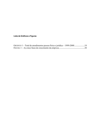 Lista de Gráficos e Figuras
GRÁFICO 1 – Total de atendimentos pessoa física e jurídica – 1999-2000.....................18
FIGURA 1 – As cinco fases de crescimento da empresa.....................................................30
 