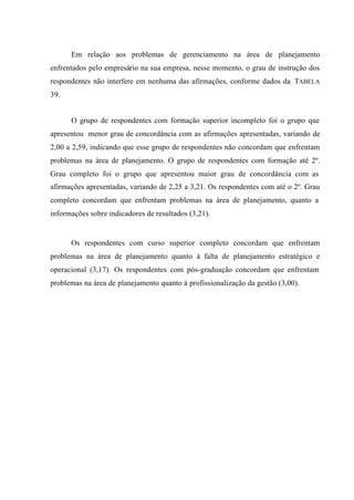Em relação aos problemas de gerenciamento na área de planejamento
enfrentados pelo empresário na sua empresa, nesse momento, o grau de instrução dos
respondentes não interfere em nenhuma das afirmações, conforme dados da TABELA
39.
O grupo de respondentes com formação superior incompleto foi o grupo que
apresentou menor grau de concordância com as afirmações apresentadas, variando de
2,00 a 2,59, indicando que esse grupo de respondentes não concordam que enfrentam
problemas na área de planejamento. O grupo de respondentes com formação até 2º.
Grau completo foi o grupo que apresentou maior grau de concordância com as
afirmações apresentadas, variando de 2,25 a 3,21. Os respondentes com até o 2º. Grau
completo concordam que enfrentam problemas na área de planejamento, quanto a
informações sobre indicadores de resultados (3,21).
Os respondentes com curso superior completo concordam que enfrentam
problemas na área de planejamento quanto à falta de planejamento estratégico e
operacional (3,17). Os respondentes com pós-graduação concordam que enfrentam
problemas na área de planejamento quanto à profissionalização da gestão (3,00).
 
